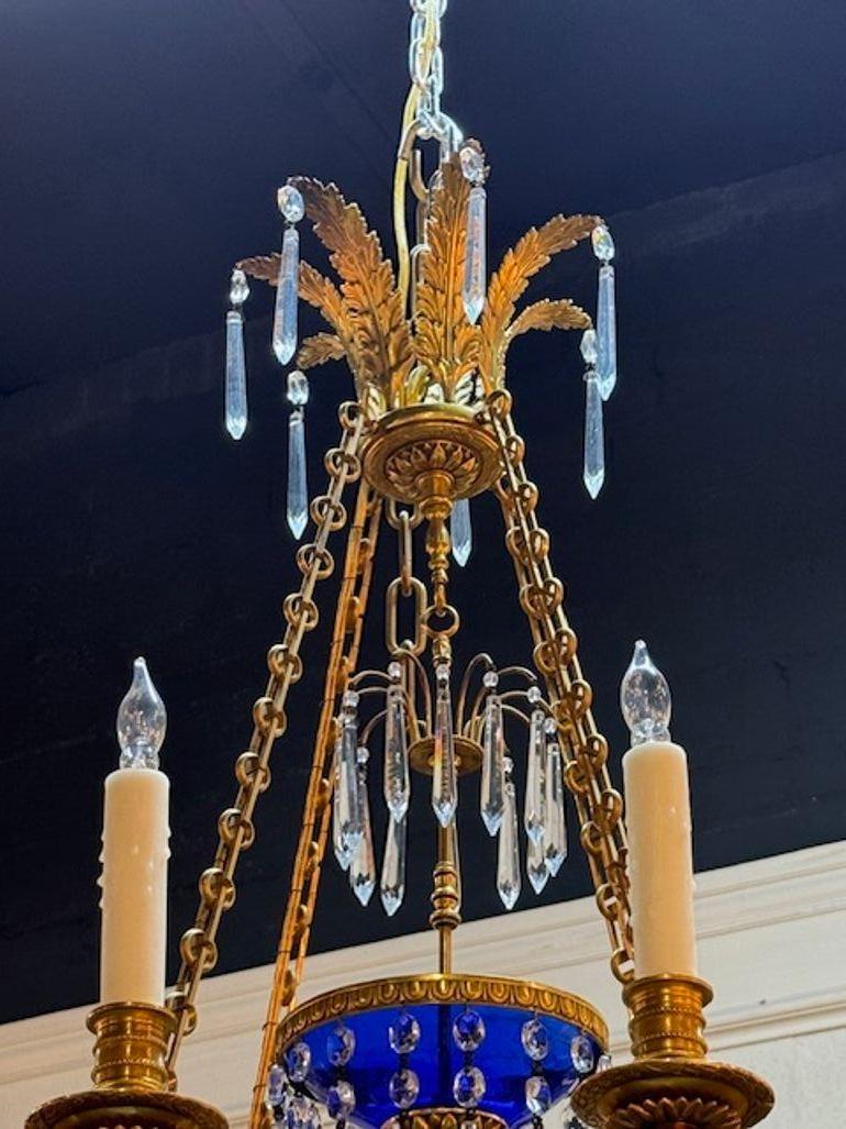 19th Century French Gilt Brass and Crystal Chandelier with Cobalt Glass For Sale 2