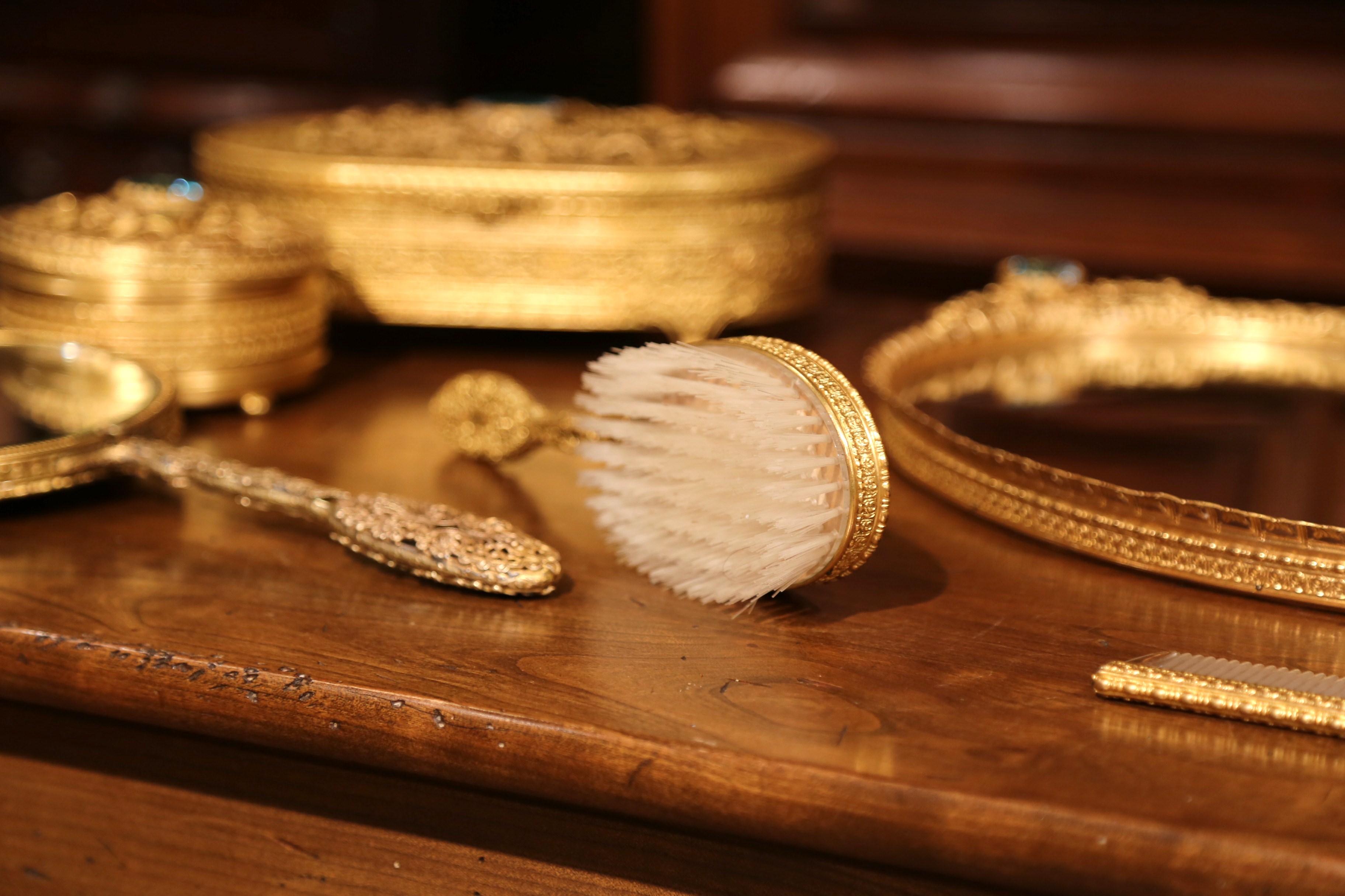 19th Century French Gilt Brass Eight-Piece Vanity Set with Cut Glass Medallions 5