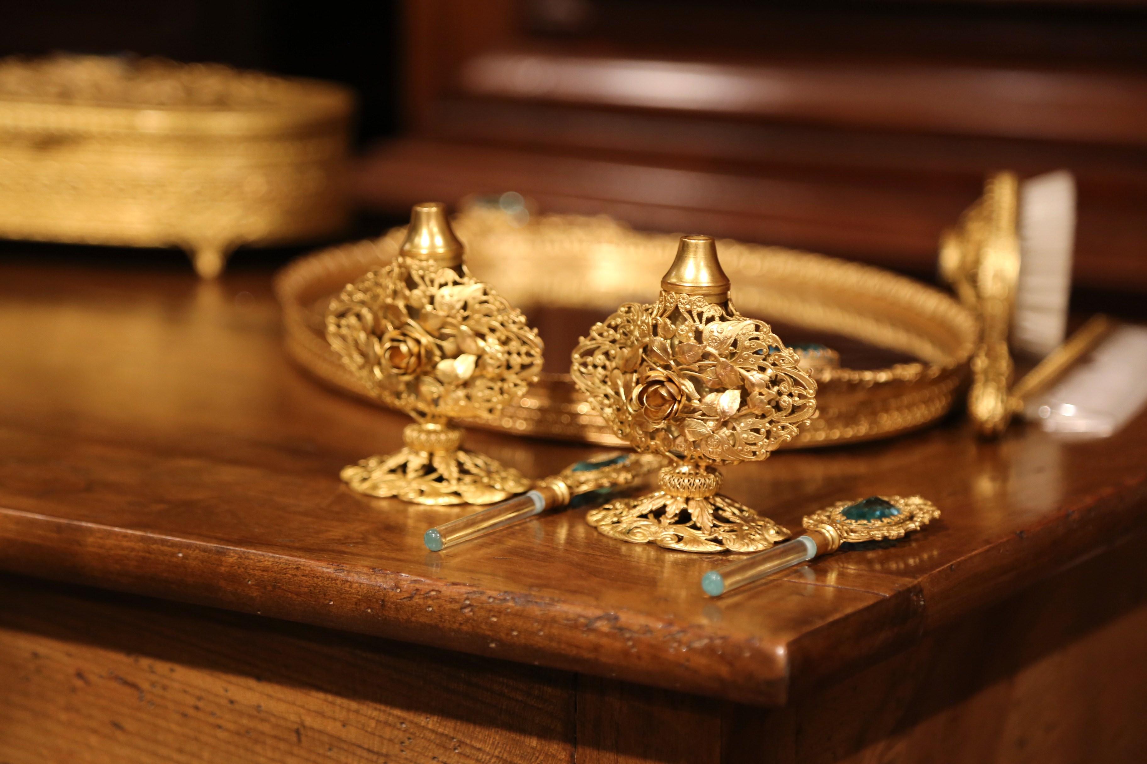 19th Century French Gilt Brass Eight-Piece Vanity Set with Cut Glass Medallions 7