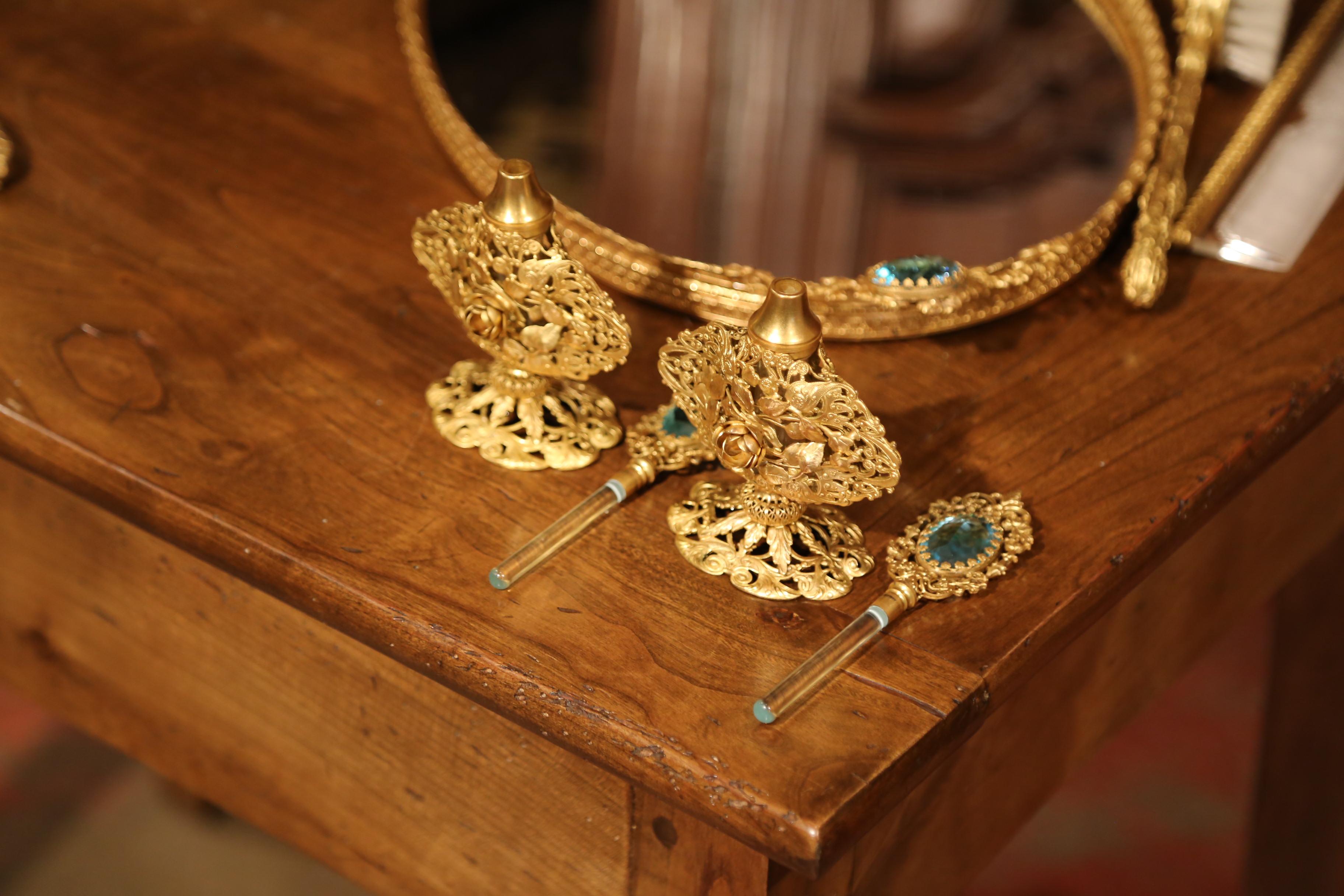 19th Century French Gilt Brass Eight-Piece Vanity Set with Cut Glass Medallions 8