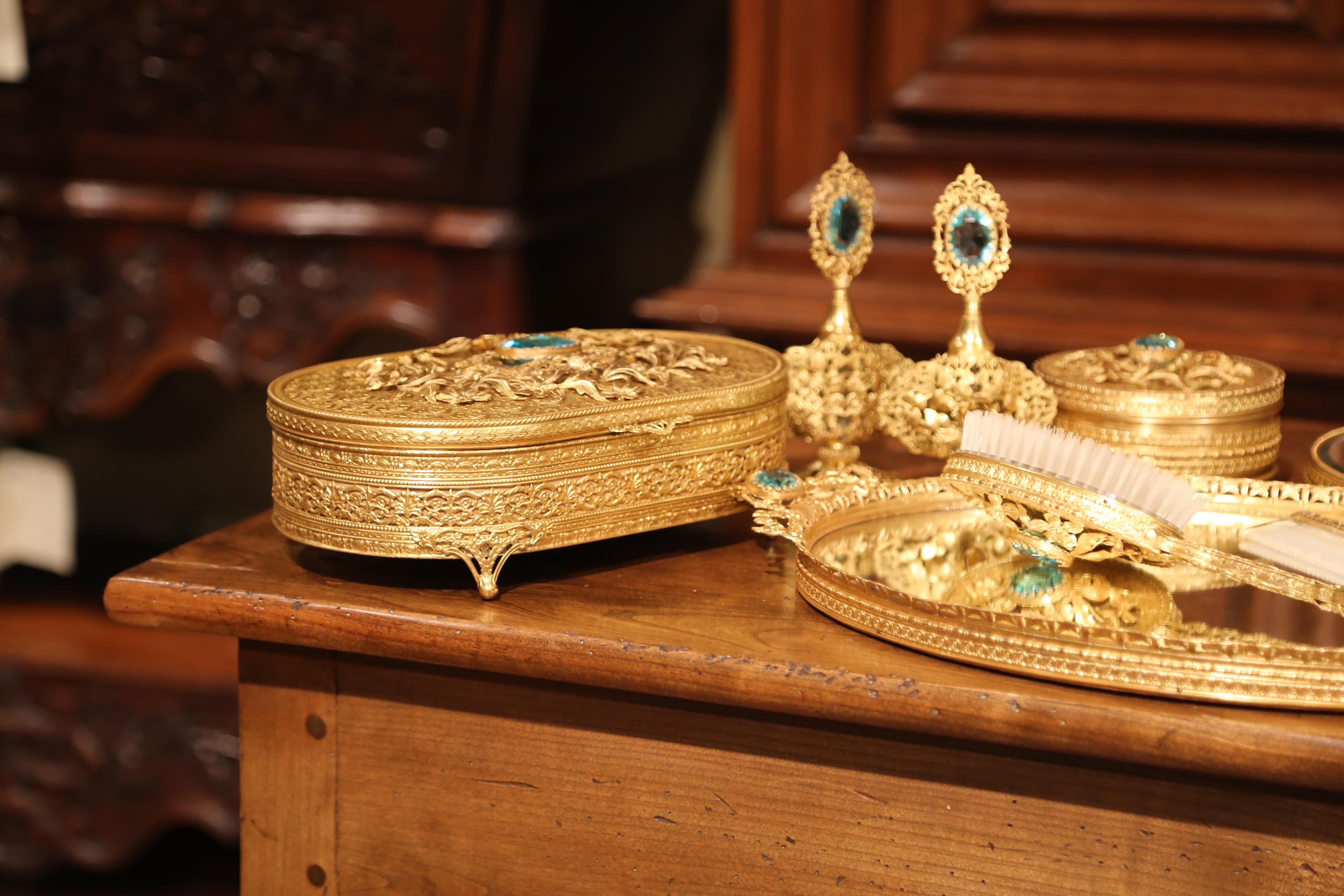 Rococo 19th Century French Gilt Brass Eight-Piece Vanity Set with Cut Glass Medallions