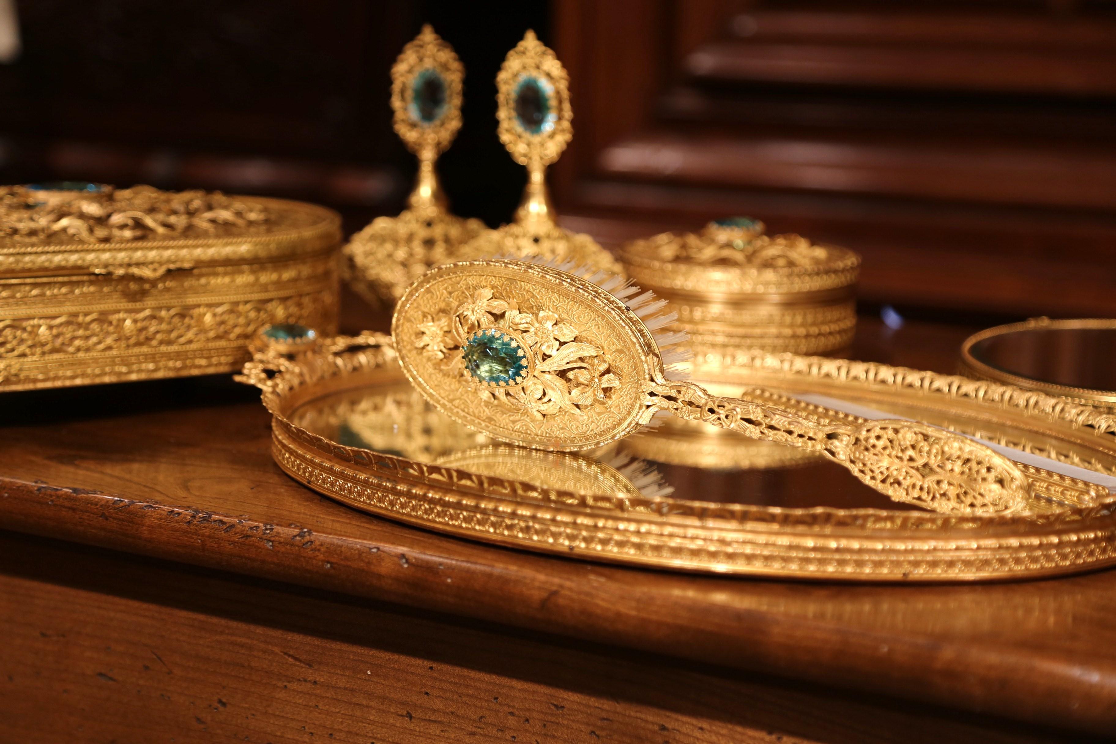Hand-Crafted 19th Century French Gilt Brass Eight-Piece Vanity Set with Cut Glass Medallions
