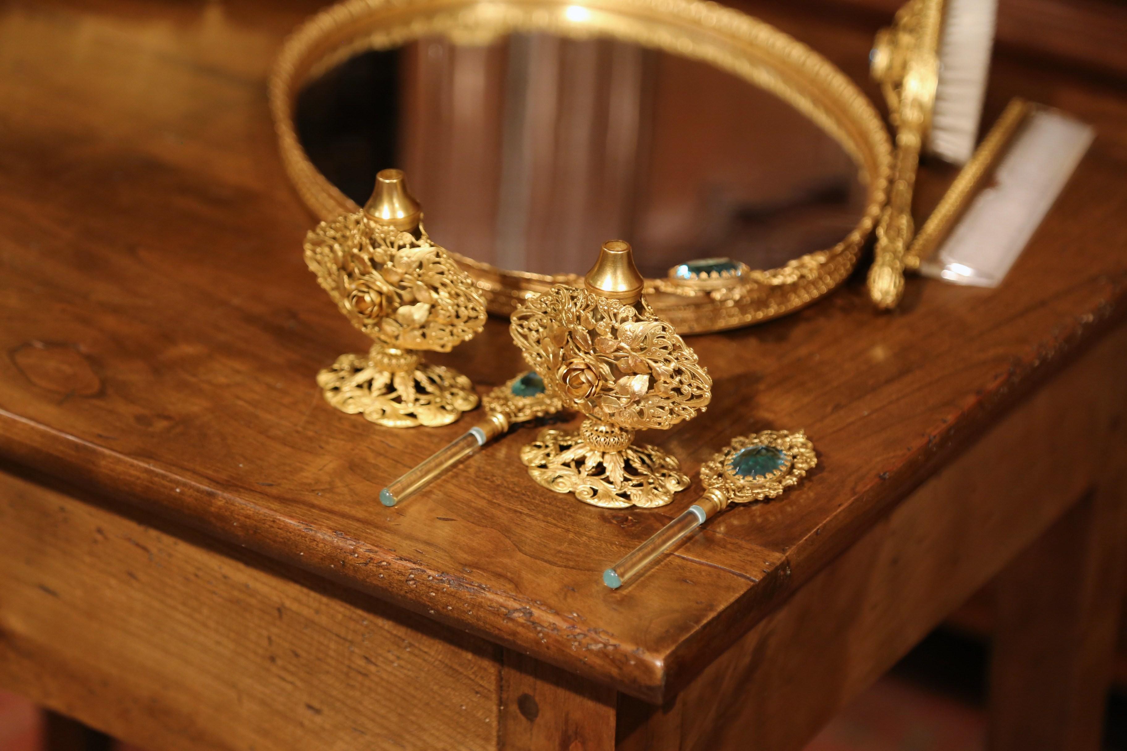 19th Century French Gilt Brass Eight-Piece Vanity Set with Cut Glass Medallions In Excellent Condition In Dallas, TX