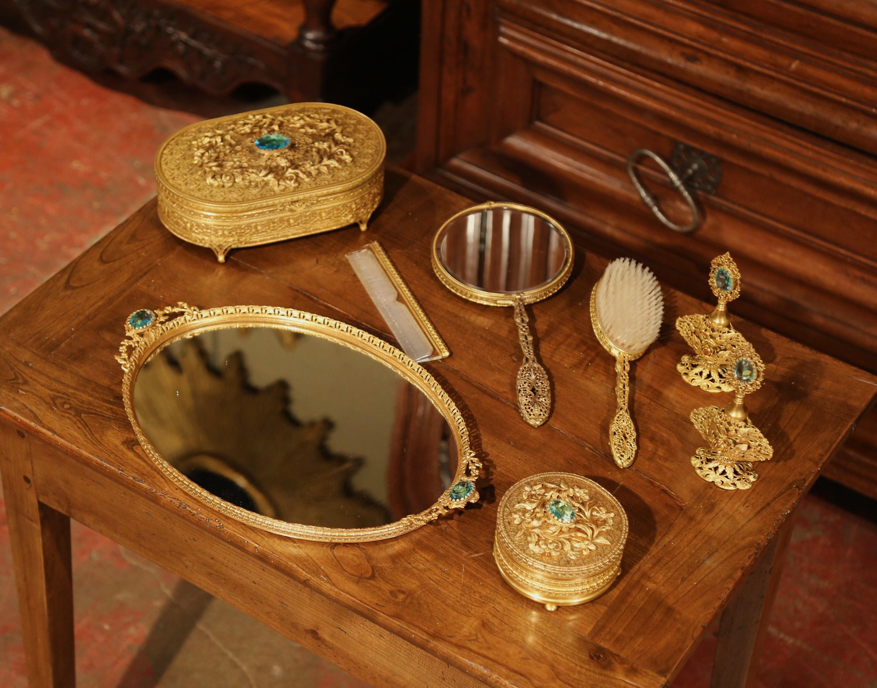 19th Century French Gilt Brass Eight-Piece Vanity Set with Cut Glass Medallions 1