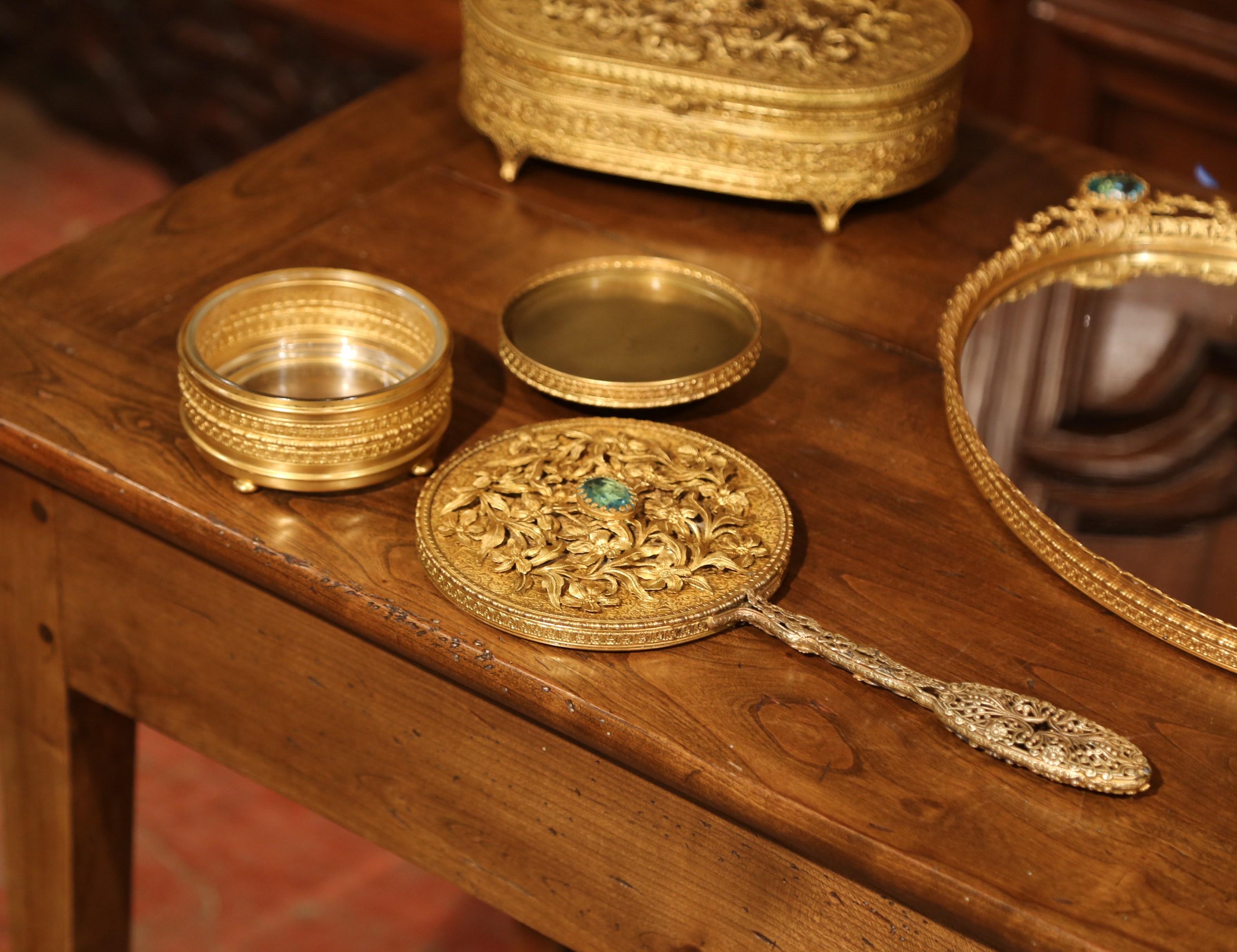 19th Century French Gilt Brass Eight-Piece Vanity Set with Cut Glass Medallions 2