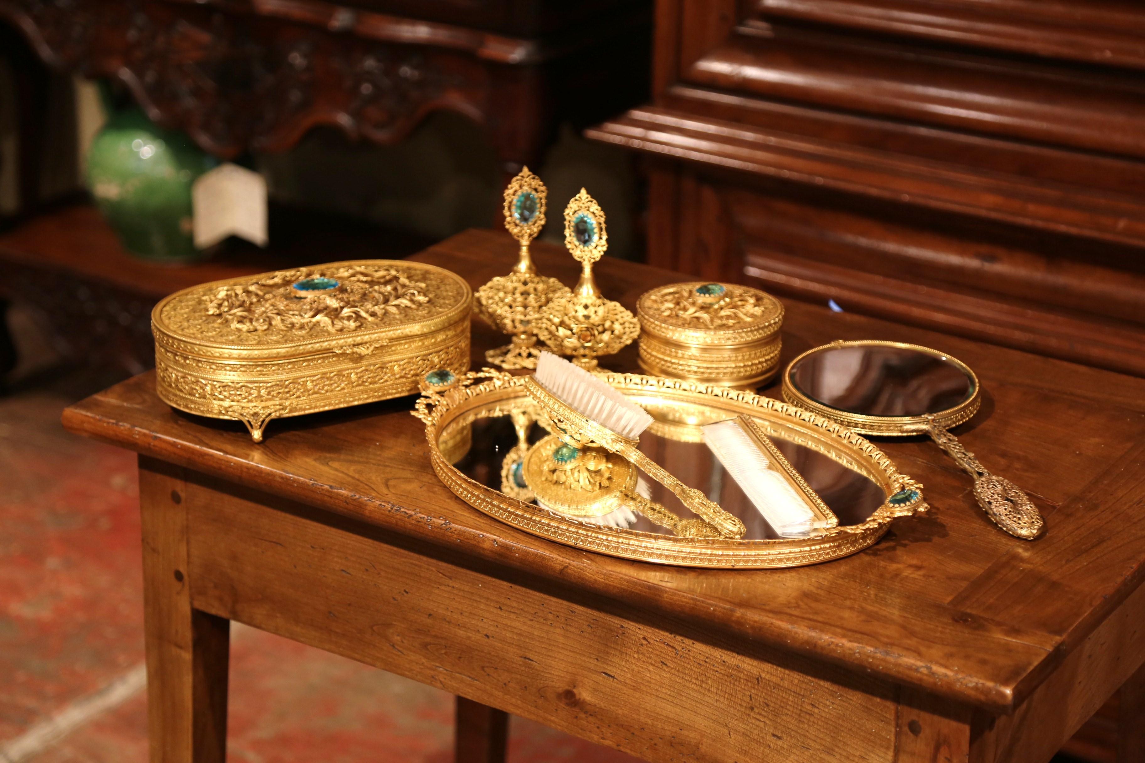 19th Century French Gilt Brass Eight-Piece Vanity Set with Cut Glass Medallions 3