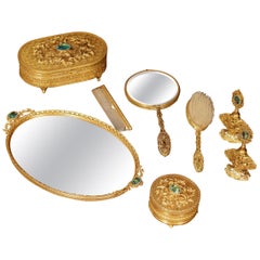 19th Century French Gilt Brass Eight-Piece Vanity Set with Cut Glass Medallions