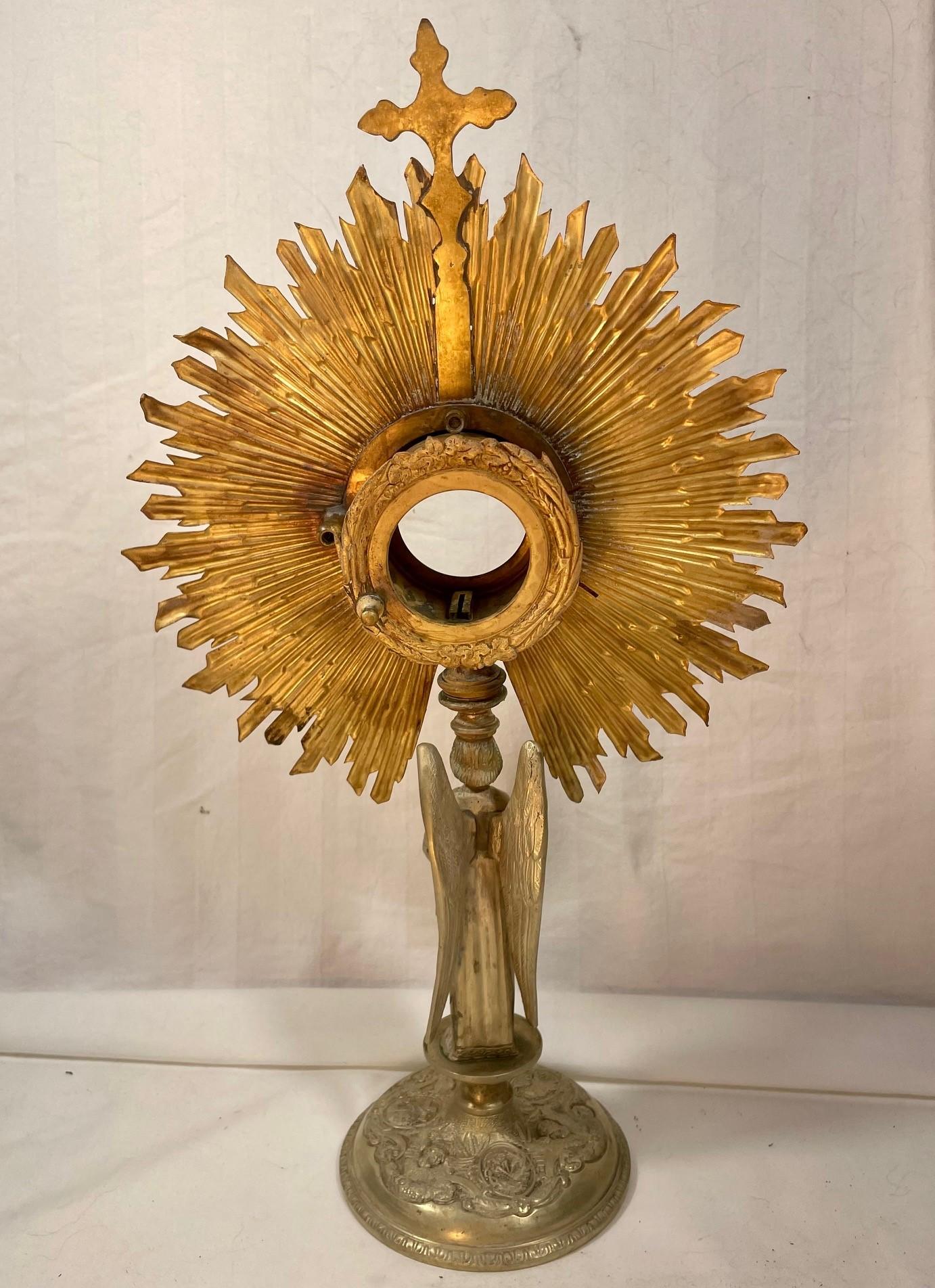 19th Century French Gilt Brass Eucharistic Monstrance, Cross and Wheat Design 6