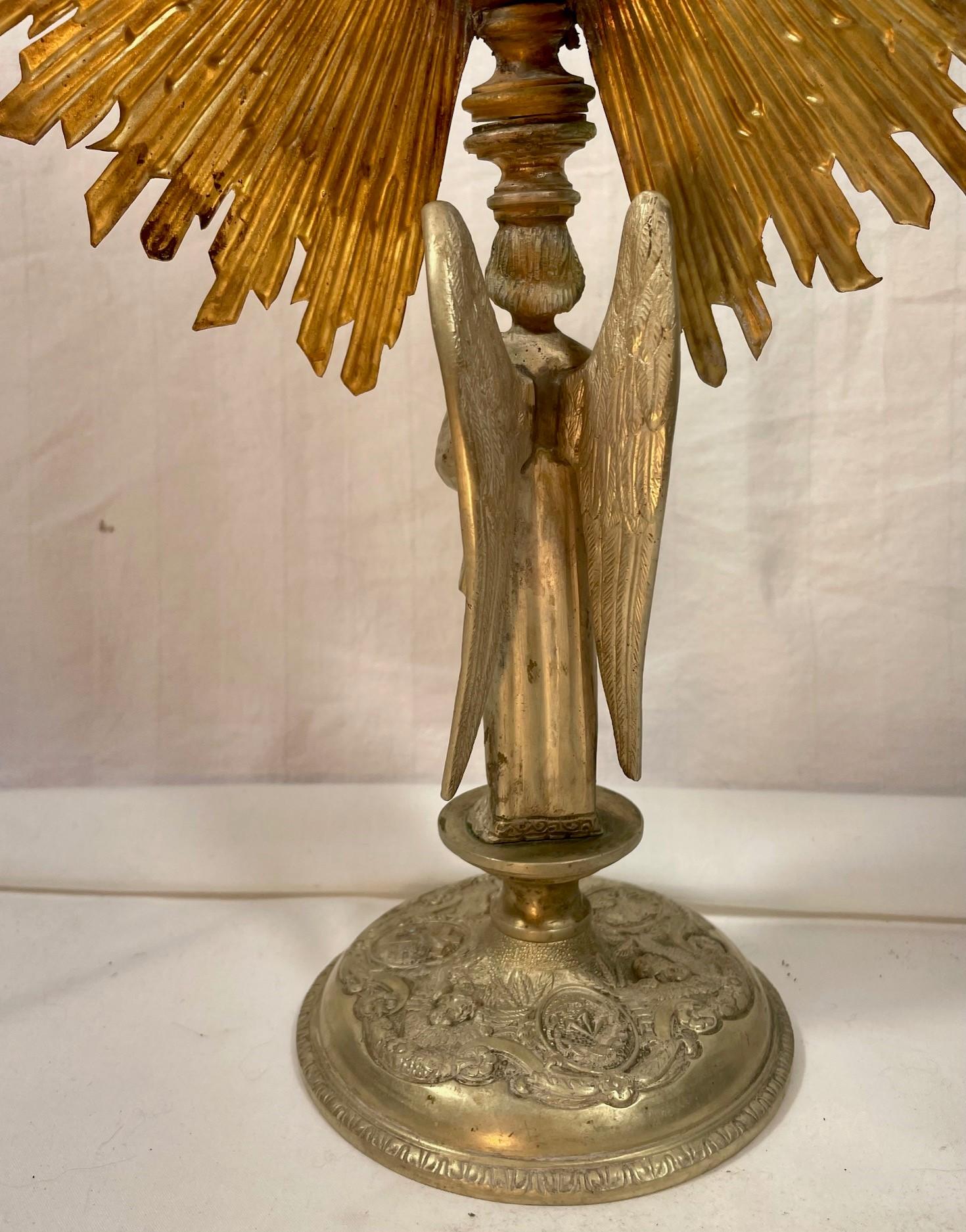 19th Century French Gilt Brass Eucharistic Monstrance, Cross and Wheat Design 7