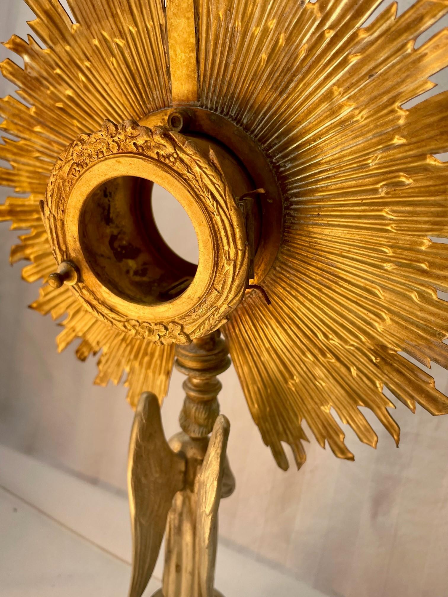 19th Century French Gilt Brass Eucharistic Monstrance, Cross and Wheat Design 9