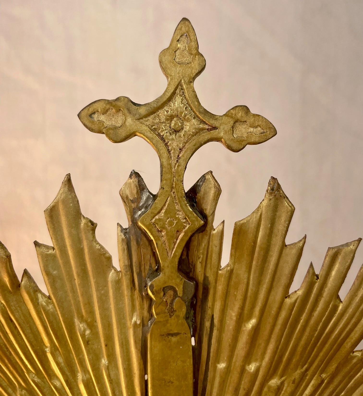 Neoclassical 19th Century French Gilt Brass Eucharistic Monstrance, Cross and Wheat Design