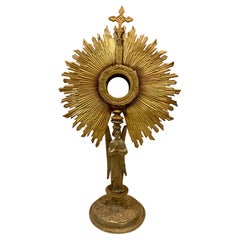 Antique 19th Century French Gilt Brass Eucharistic Monstrance, Cross and Wheat Design