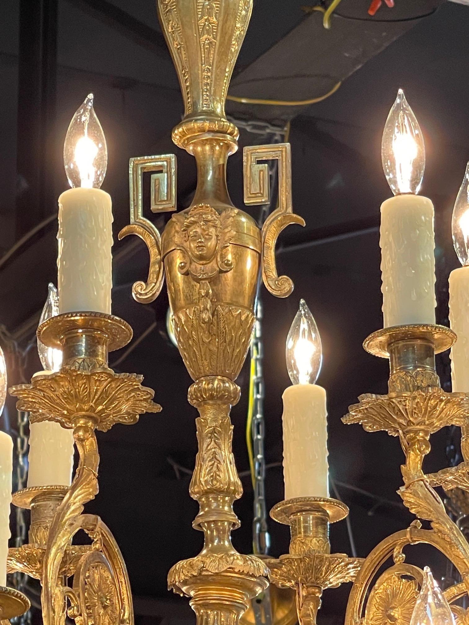 Beautiful decorative 19th century French gilt bronze 18-light chandelier. Lovely scrolling gilt metal along with interesting images of faces. This fixture also has multiple layers of lights. Gorgeous!