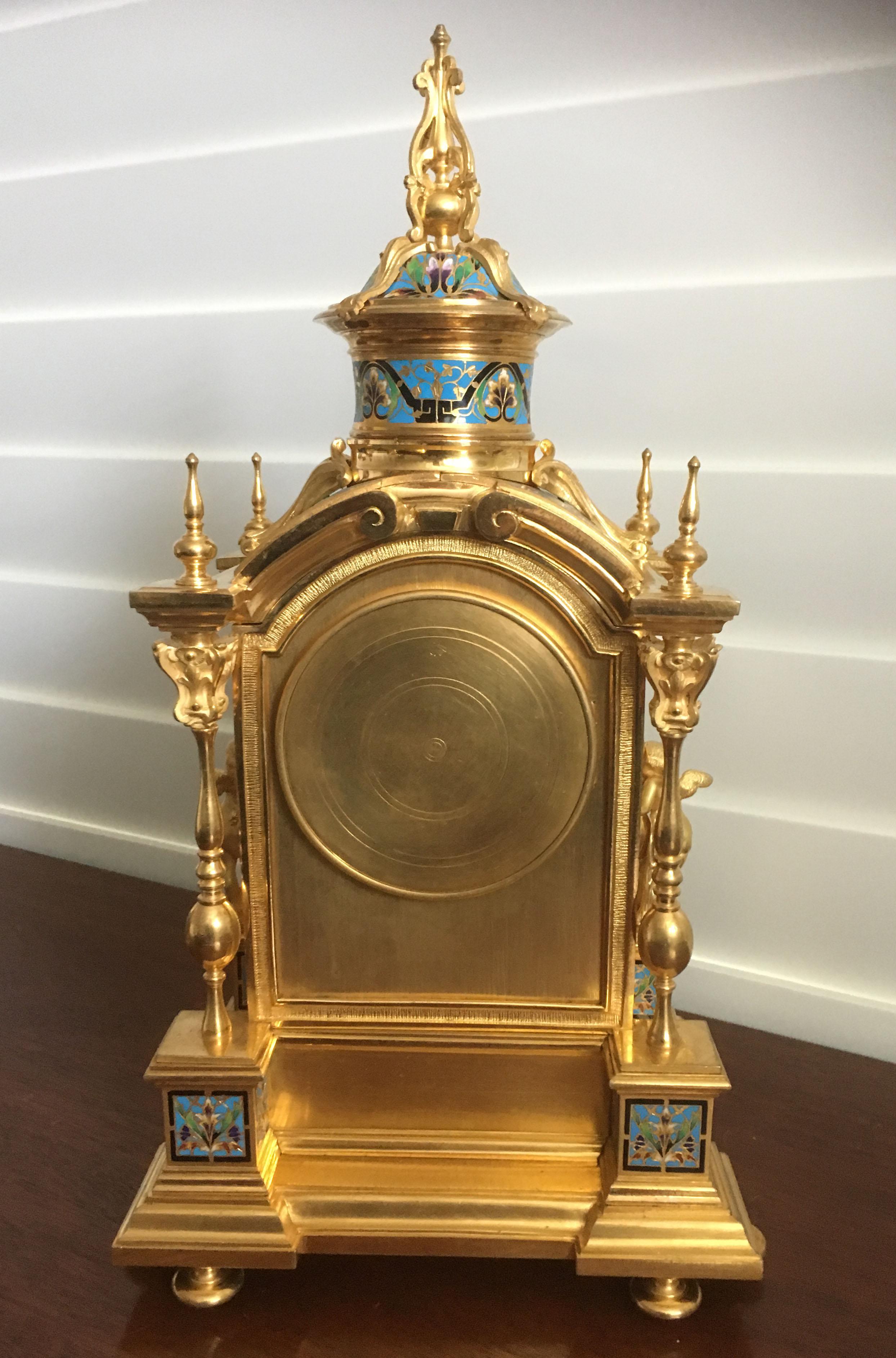 French Gilt Bronze and Champlevé Enamel Clock Set, Japy Freres, circa 1870 For Sale 5