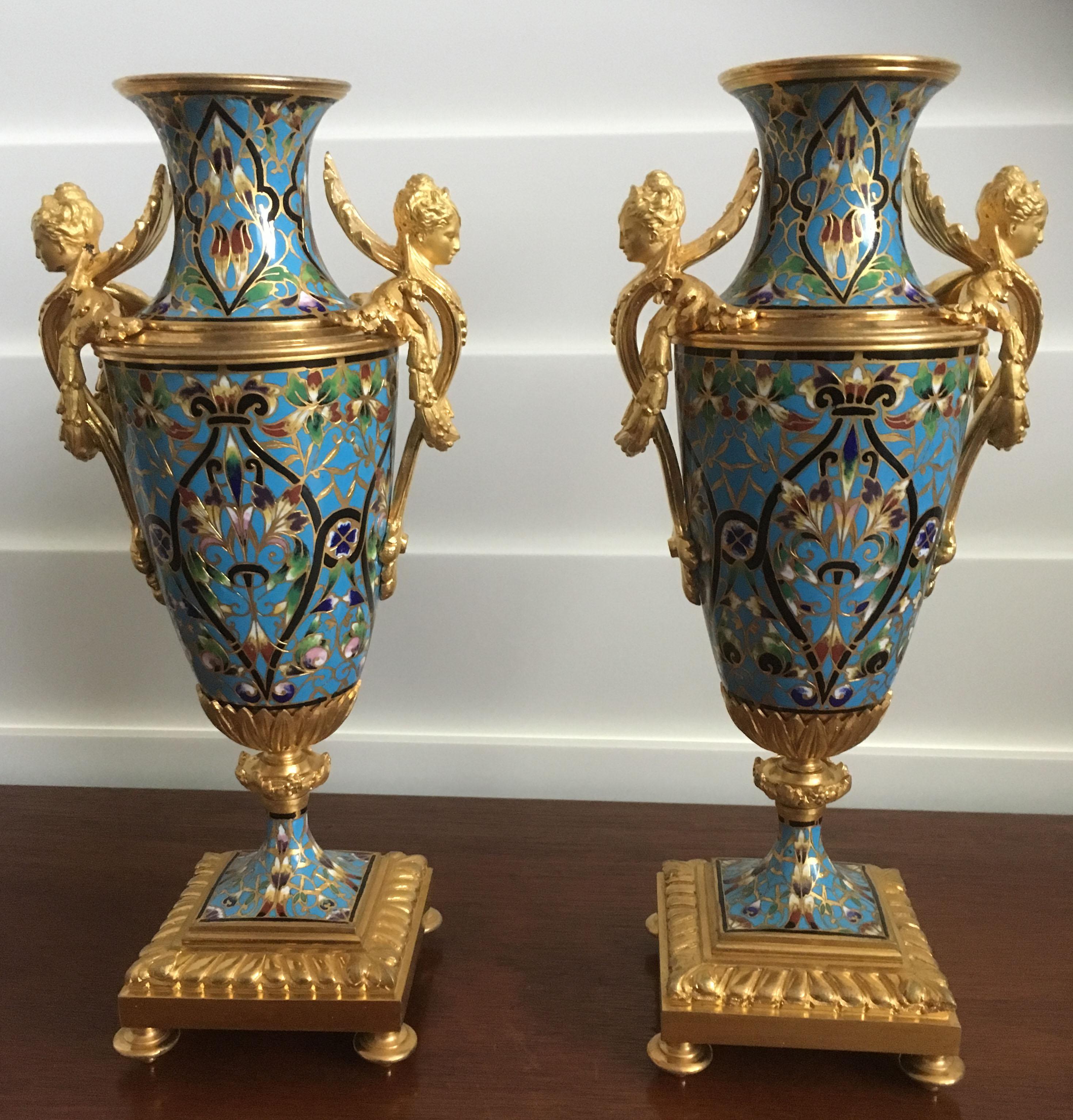 French Gilt Bronze and Champlevé Enamel Clock Set, Japy Freres, circa 1870 For Sale 8