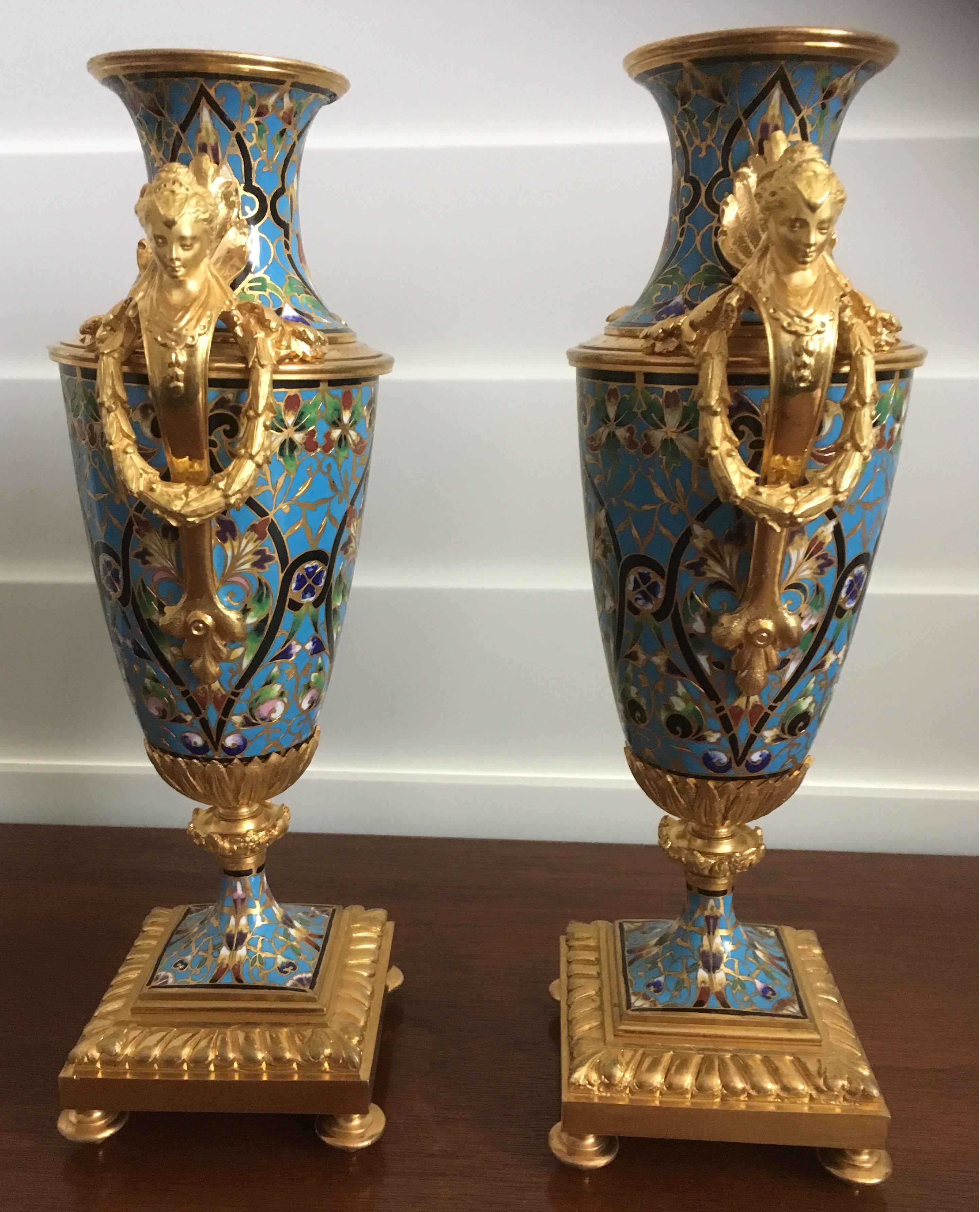 French Gilt Bronze and Champlevé Enamel Clock Set, Japy Freres, circa 1870 For Sale 9