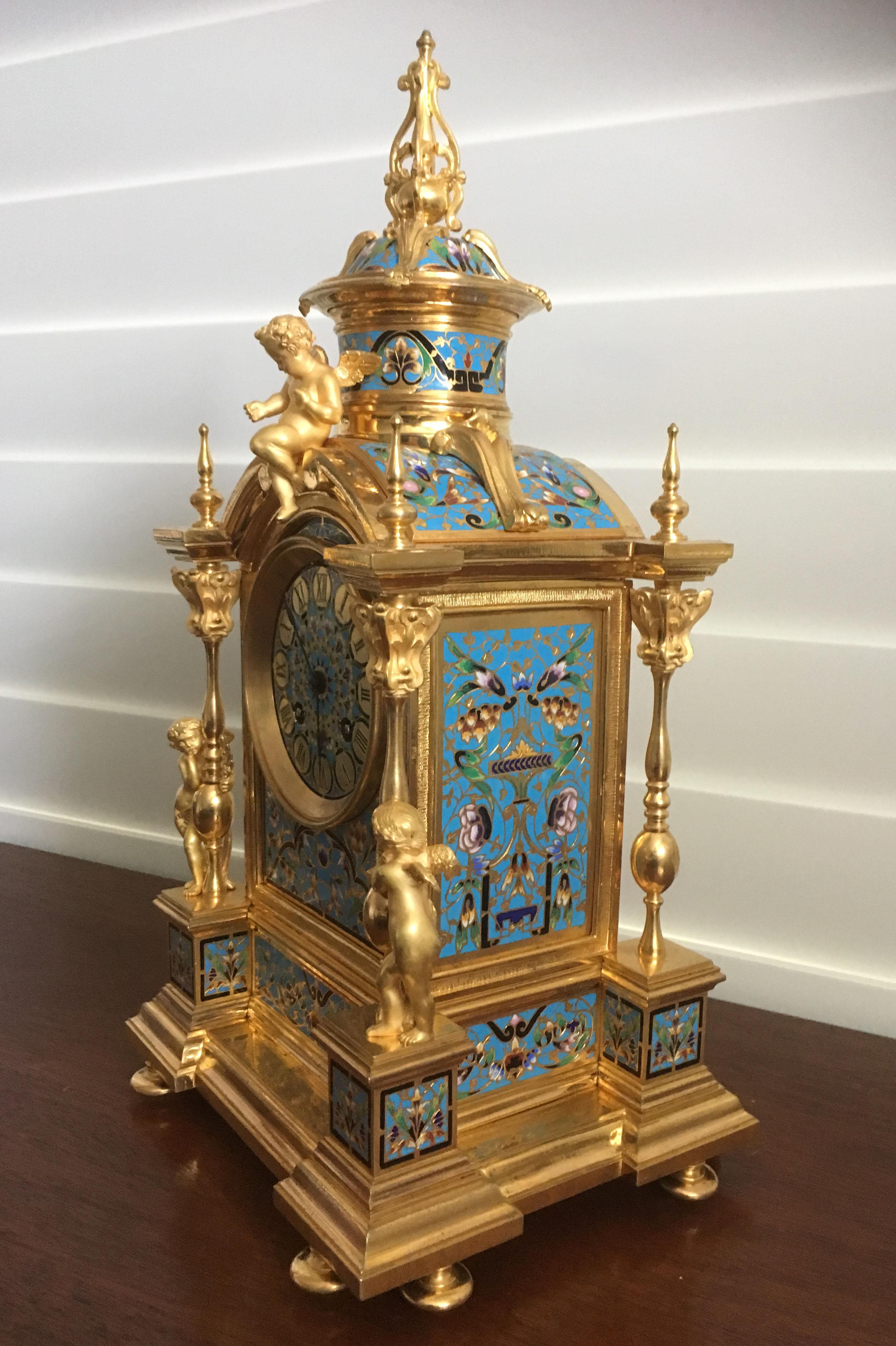 French Gilt Bronze and Champlevé Enamel Clock Set, Japy Freres, circa 1870 In Good Condition For Sale In Melbourne, Victoria