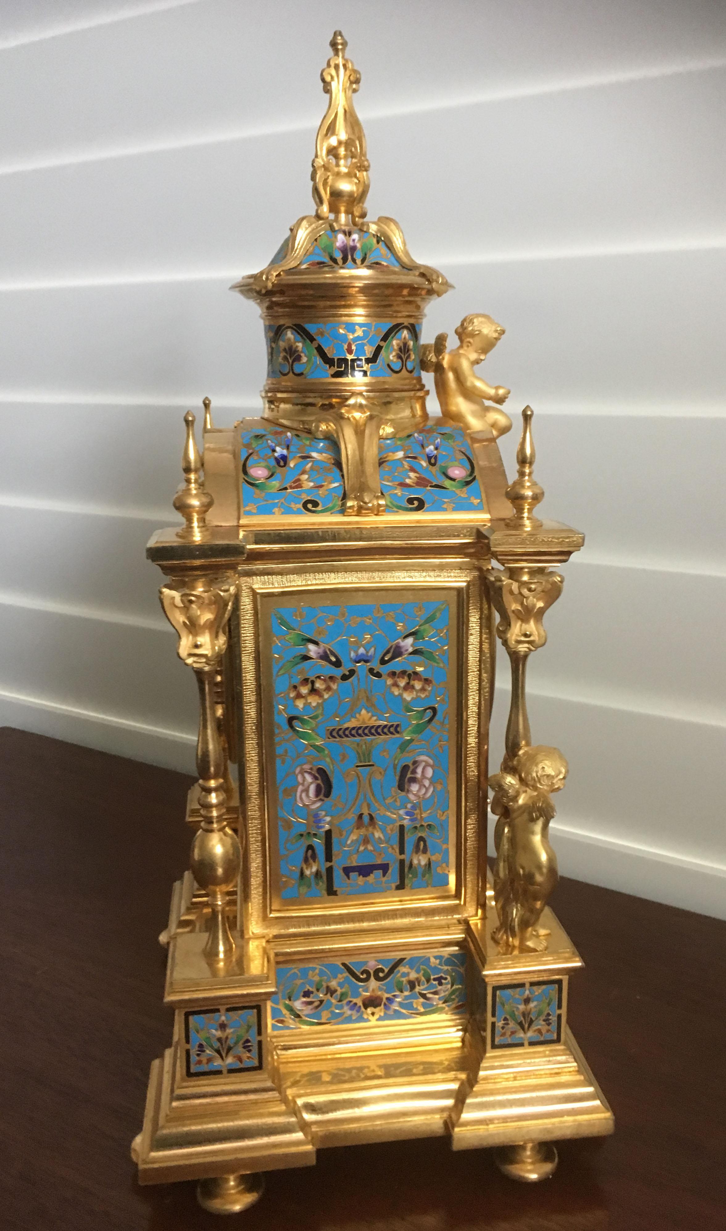 Late 19th Century French Gilt Bronze and Champlevé Enamel Clock Set, Japy Freres, circa 1870 For Sale