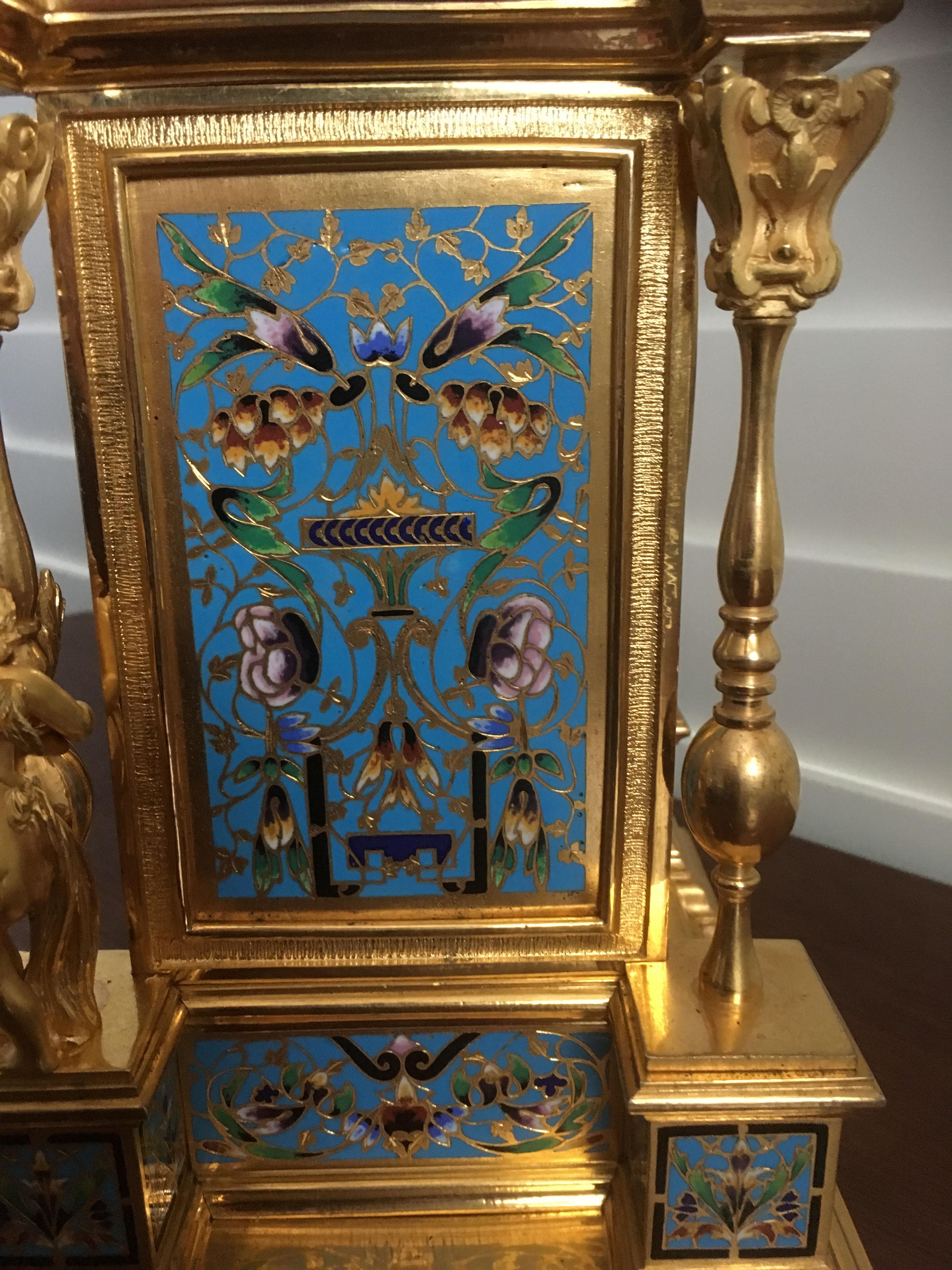 French Gilt Bronze and Champlevé Enamel Clock Set, Japy Freres, circa 1870 For Sale 1