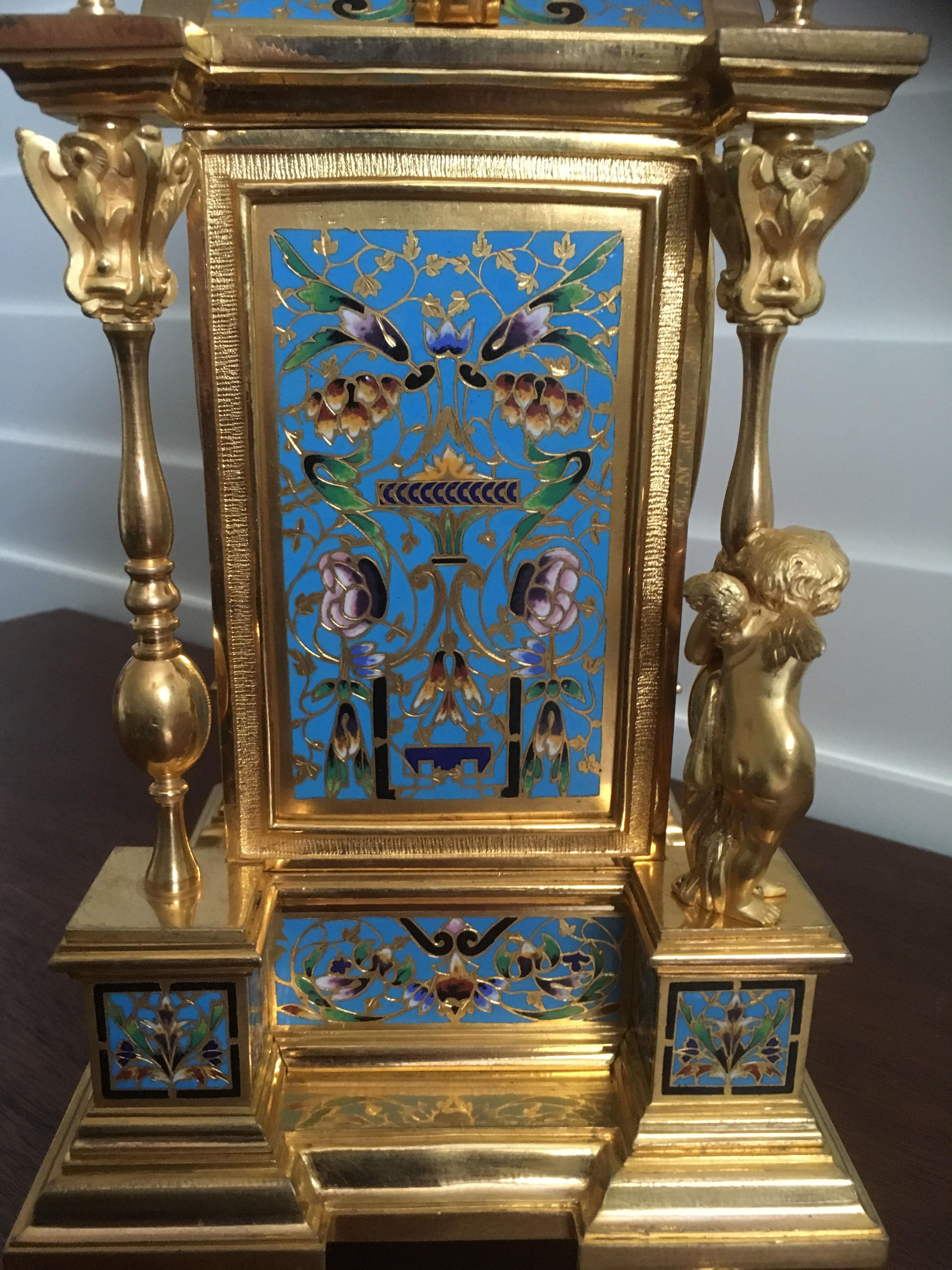 French Gilt Bronze and Champlevé Enamel Clock Set, Japy Freres, circa 1870 For Sale 2