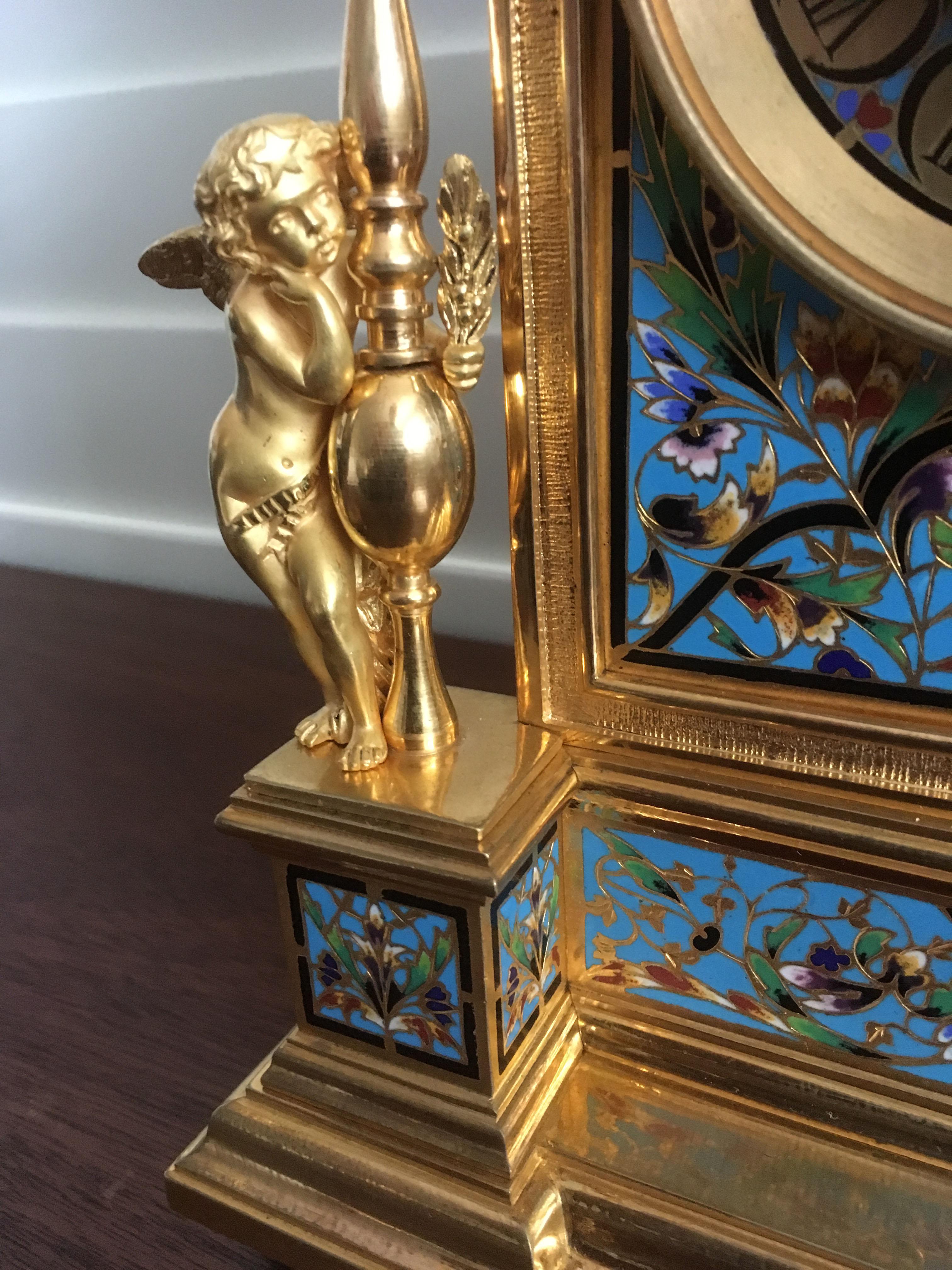 French Gilt Bronze and Champlevé Enamel Clock Set, Japy Freres, circa 1870 For Sale 3