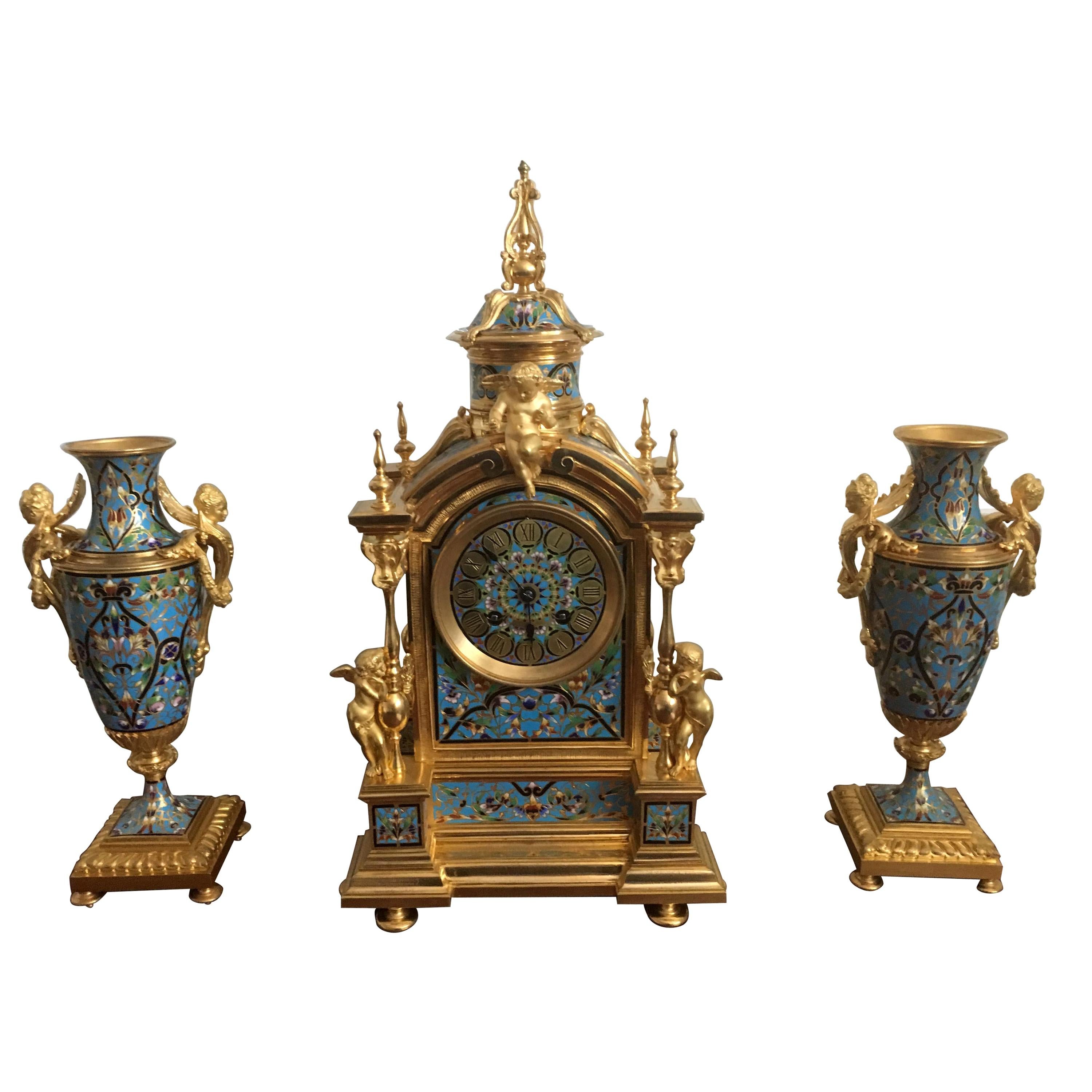 19th Century French Gilt Bronze and Champlevé Enamel Clock Set Circa 1870