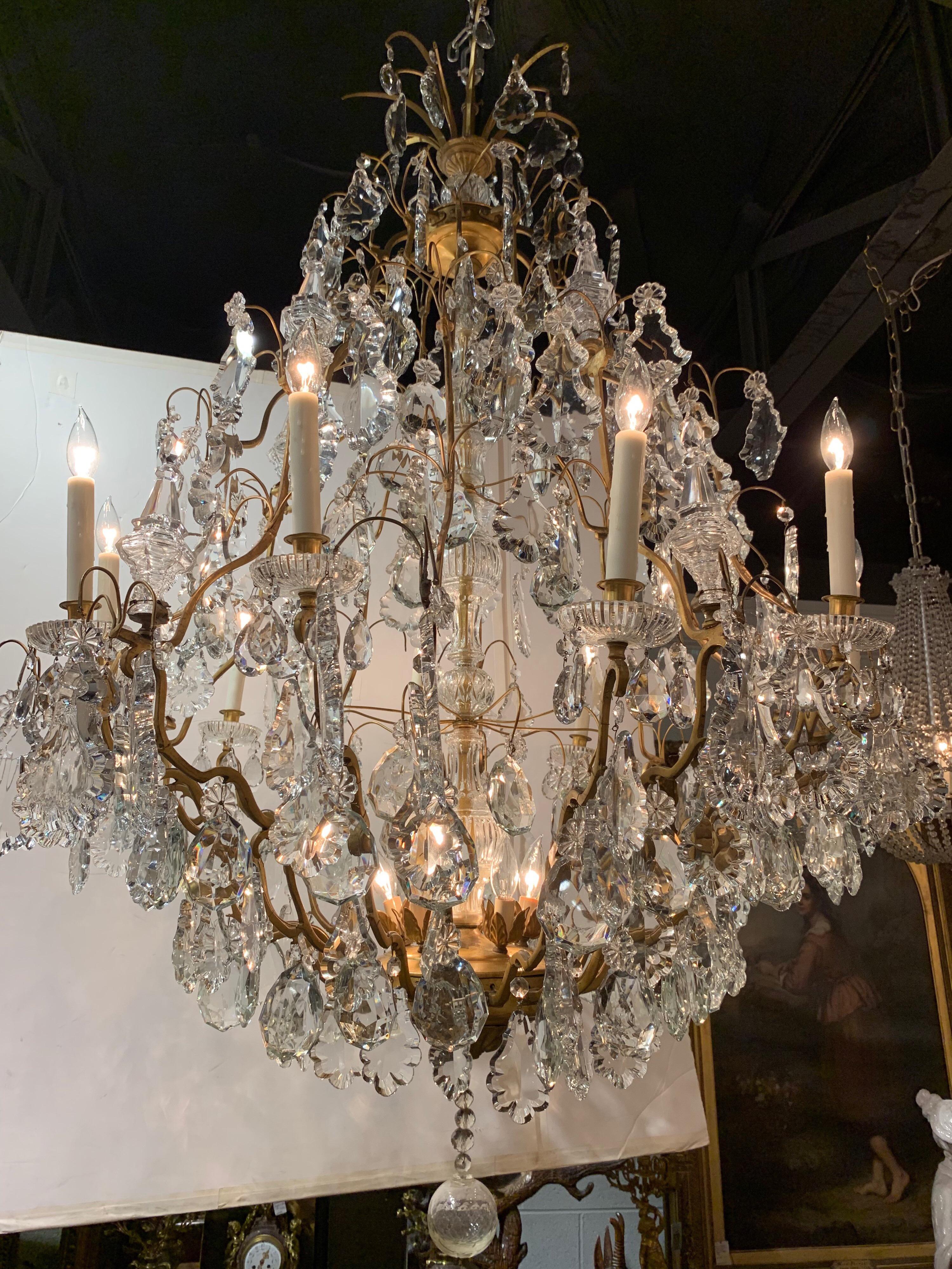 19th Century French Gilt Bronze and Crystal 15 Light Chandelier In Good Condition In Dallas, TX
