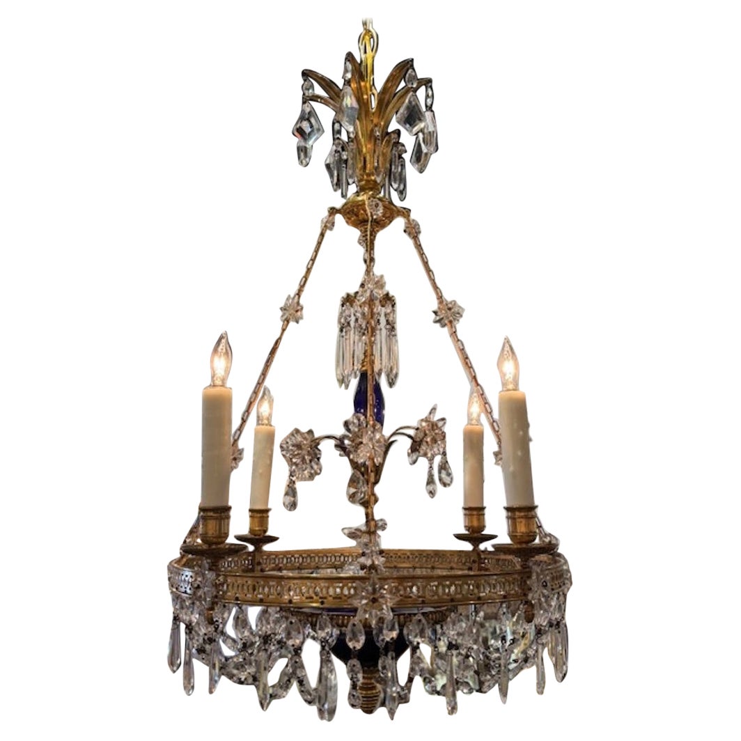 19th Century French Gilt Bronze and Crystal Chandeliers with Cobalt Glass For Sale