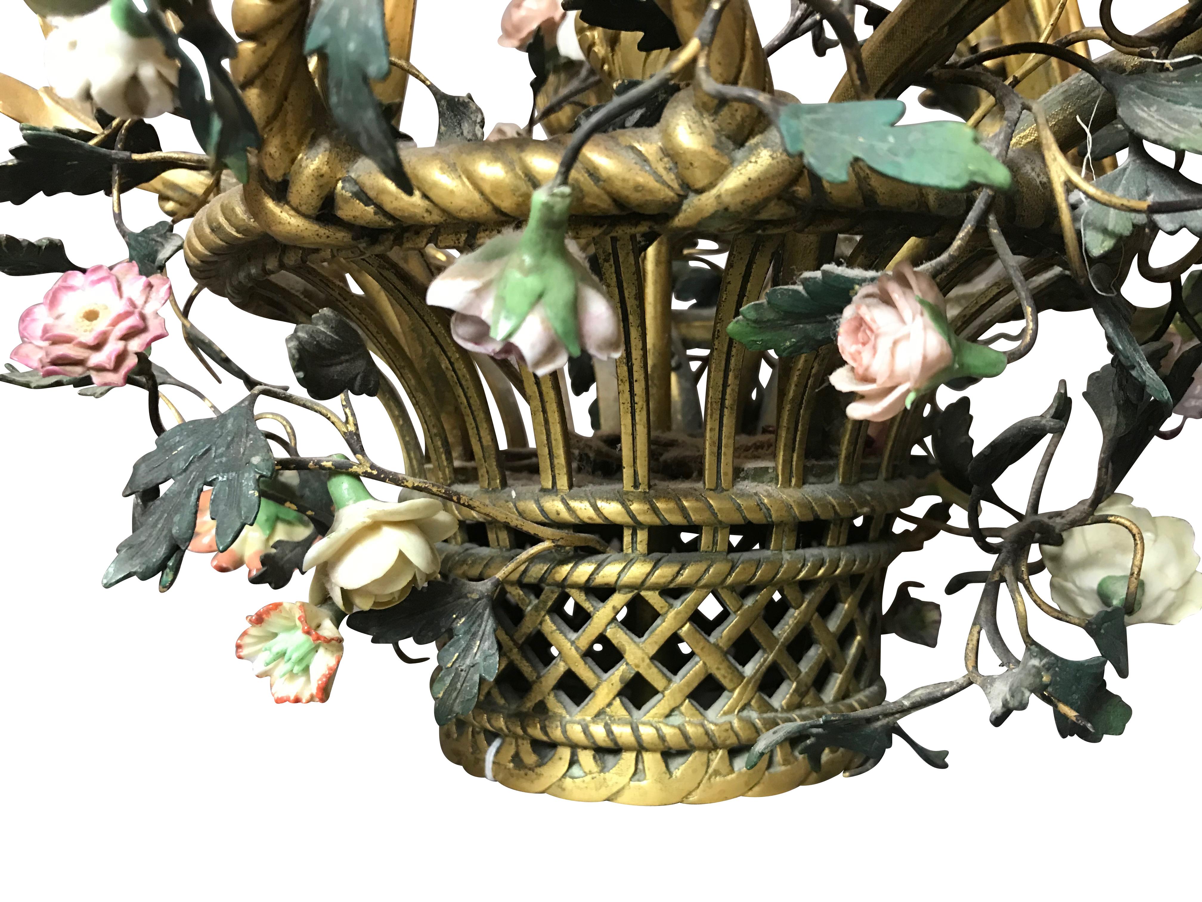 19th Century French Gilt Bronze and Enamel Flower Basket Six-Light Chandelier In Excellent Condition In Los Angeles, CA