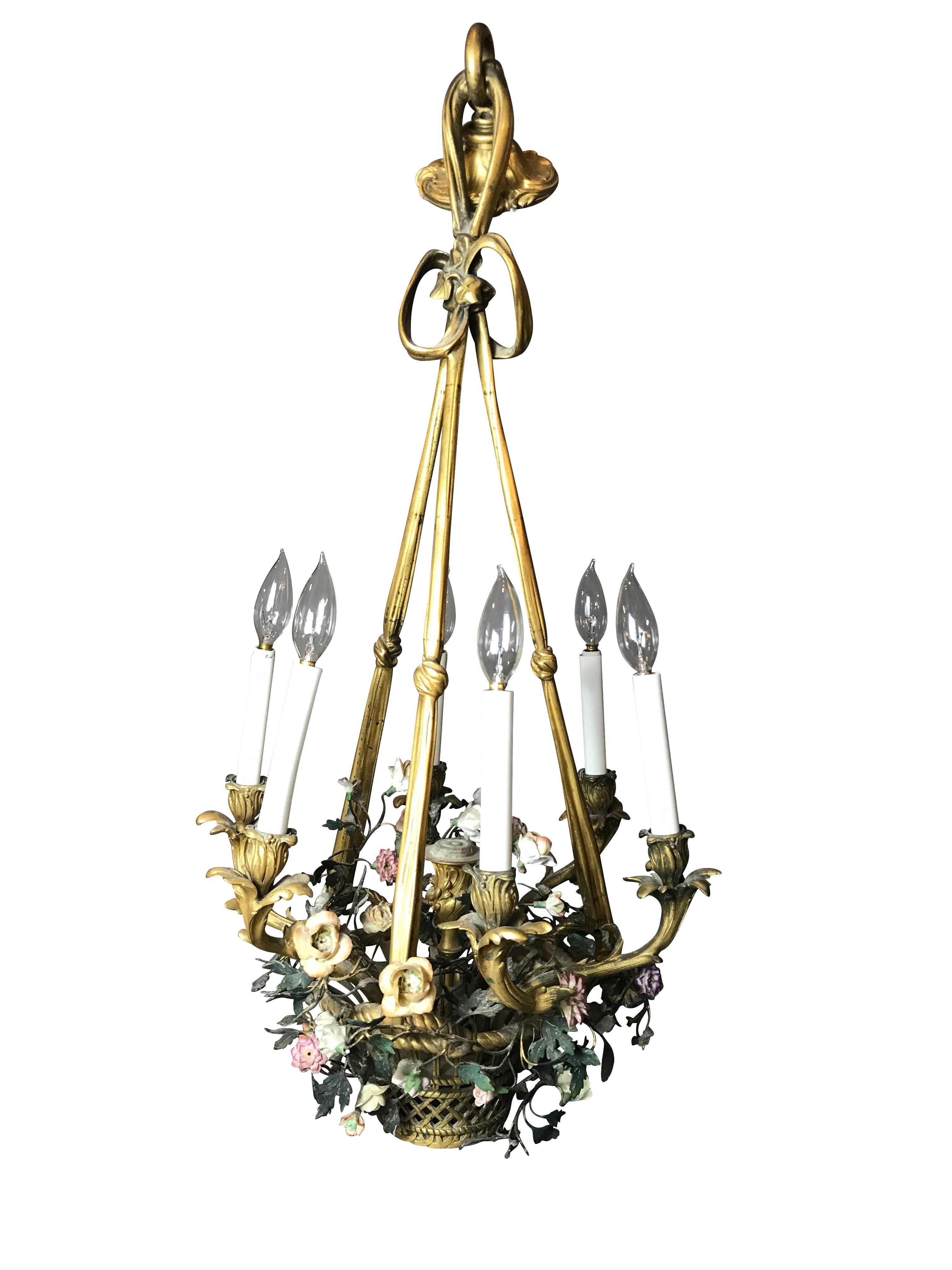 19th Century French Gilt Bronze and Enamel Flower Basket Six-Light Chandelier 2