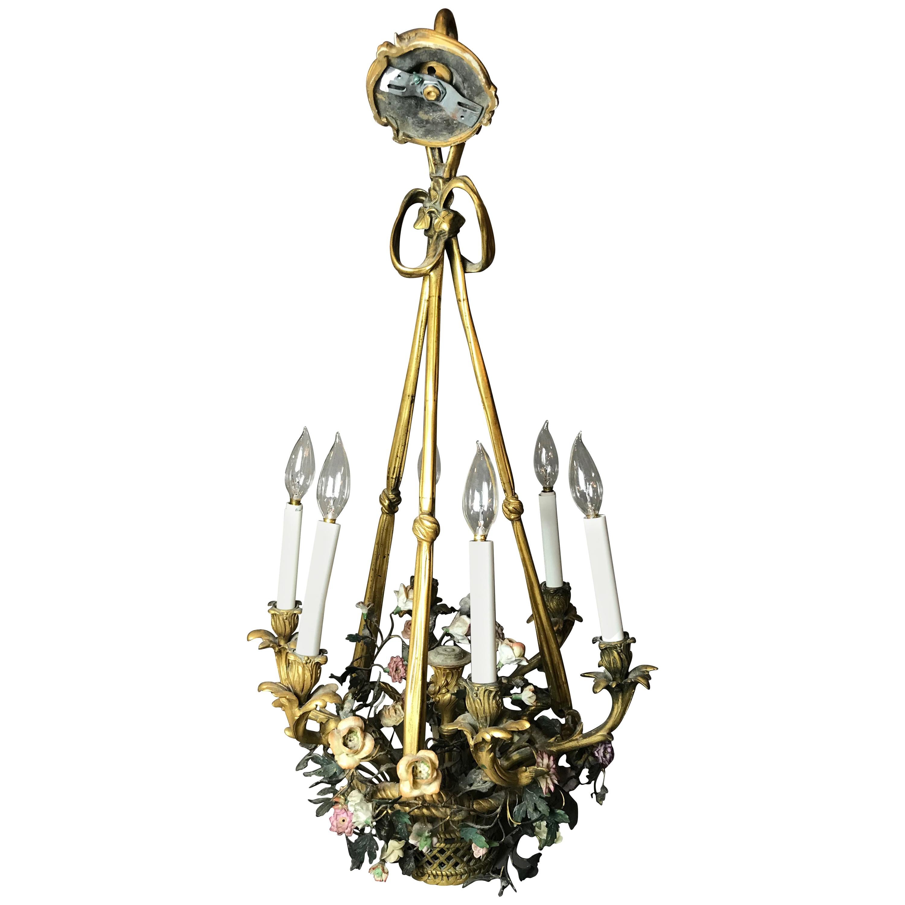 19th Century French Gilt Bronze and Enamel Flower Basket Six-Light Chandelier