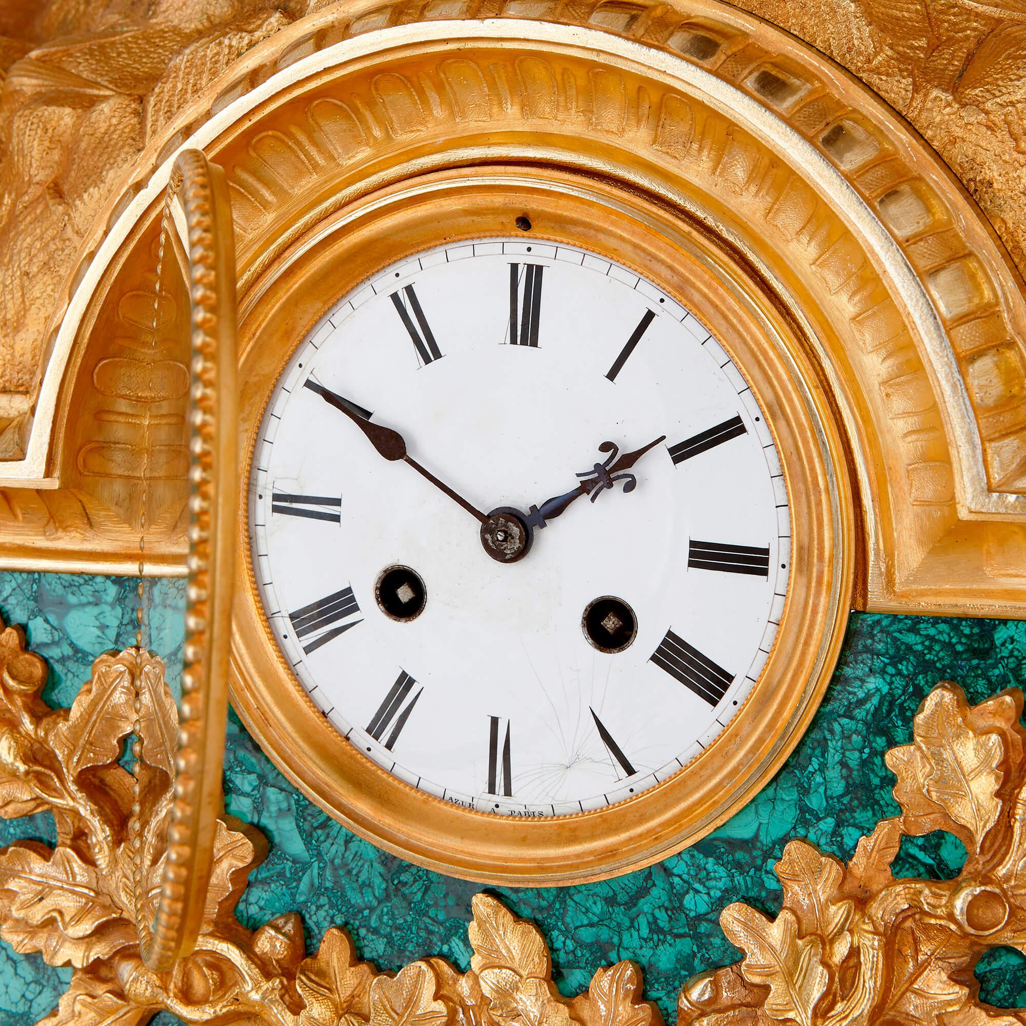 Baroque 19th Century French Gilt Bronze and Malachite Mantel Clock