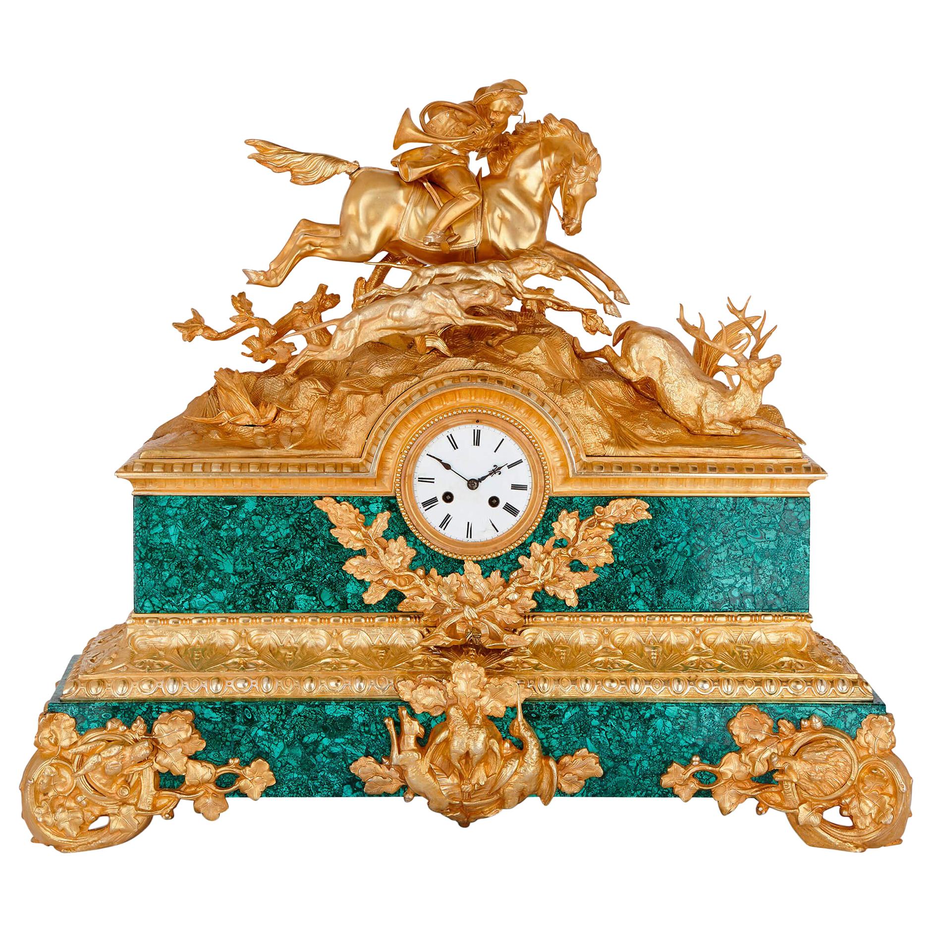 19th Century French Gilt Bronze and Malachite Mantel Clock