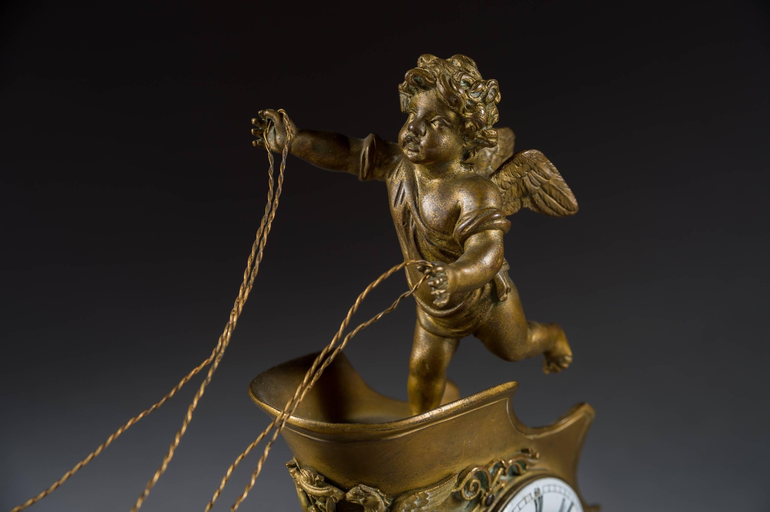 Hand-Carved 19th Century French Gilt Bronze and Marble Desk Clock