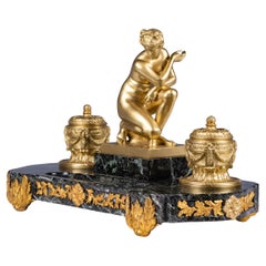 19th-Century French Gilt-Bronze and Marble Figural Inkwell By F. Barbedienne