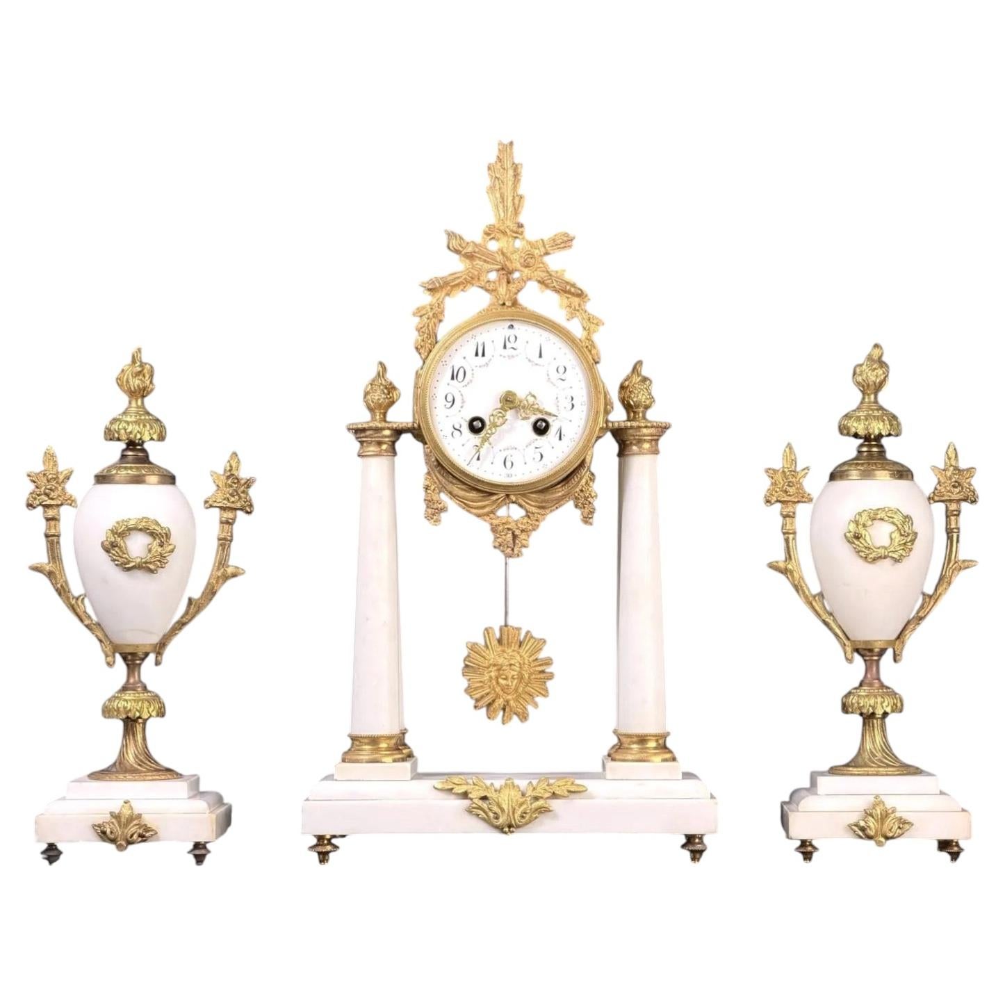 19th Century, French Gilt Bronze and Marble Mantel Clock Garniture Set For Sale