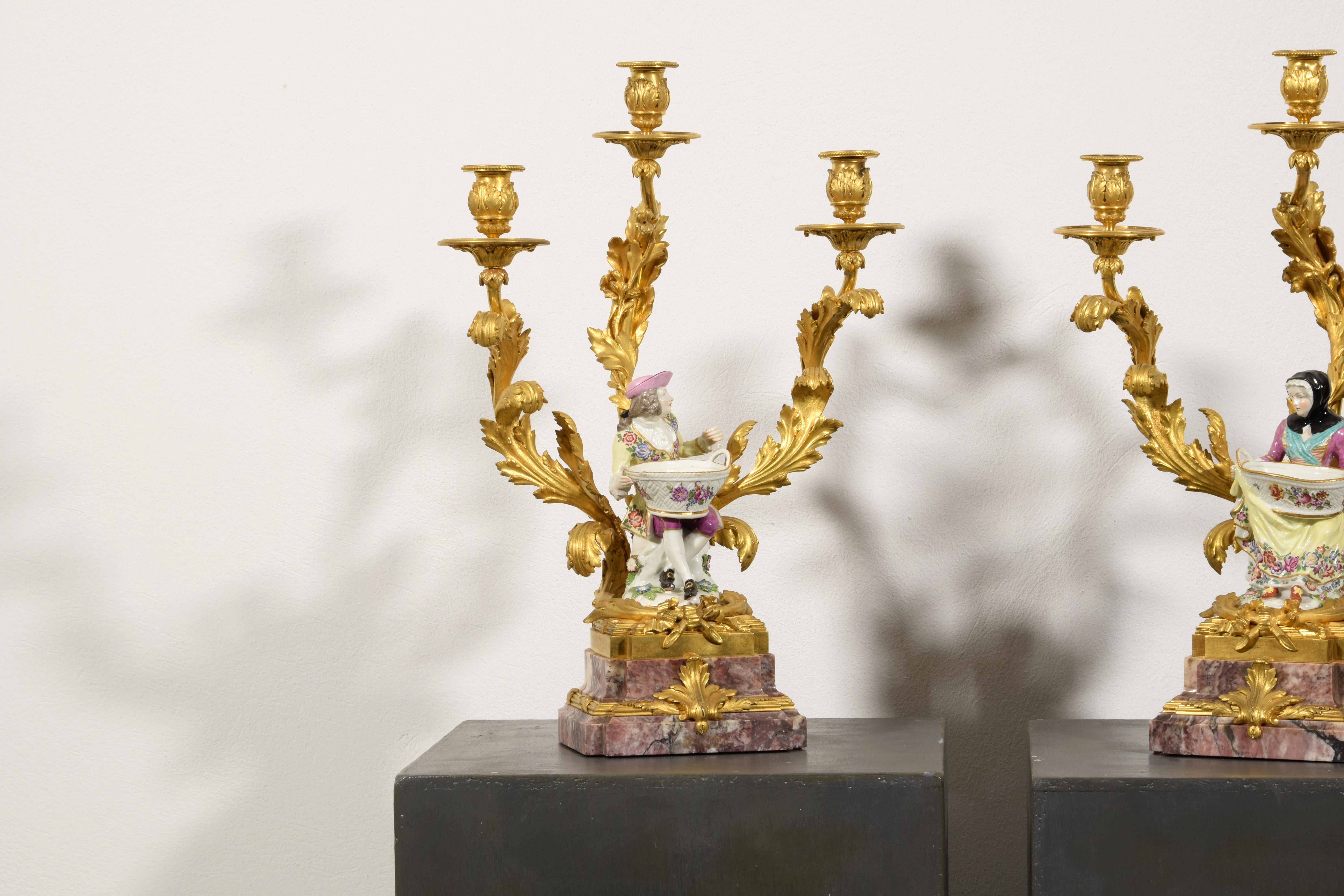 19th Century, French Gilt Bronze and Porcelain Candlesticks For Sale 8