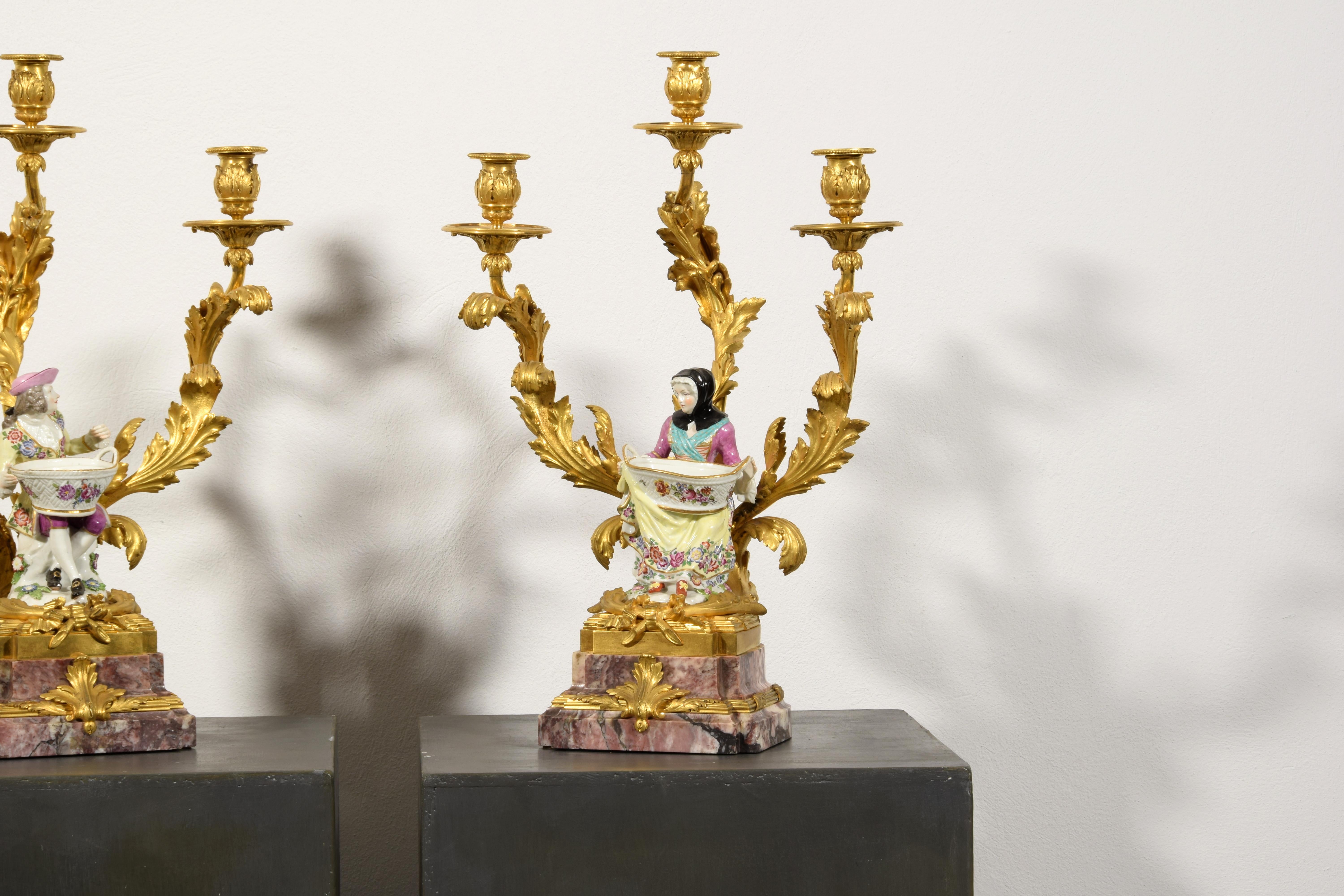 19th Century, French Gilt Bronze and Porcelain Candlesticks For Sale 9