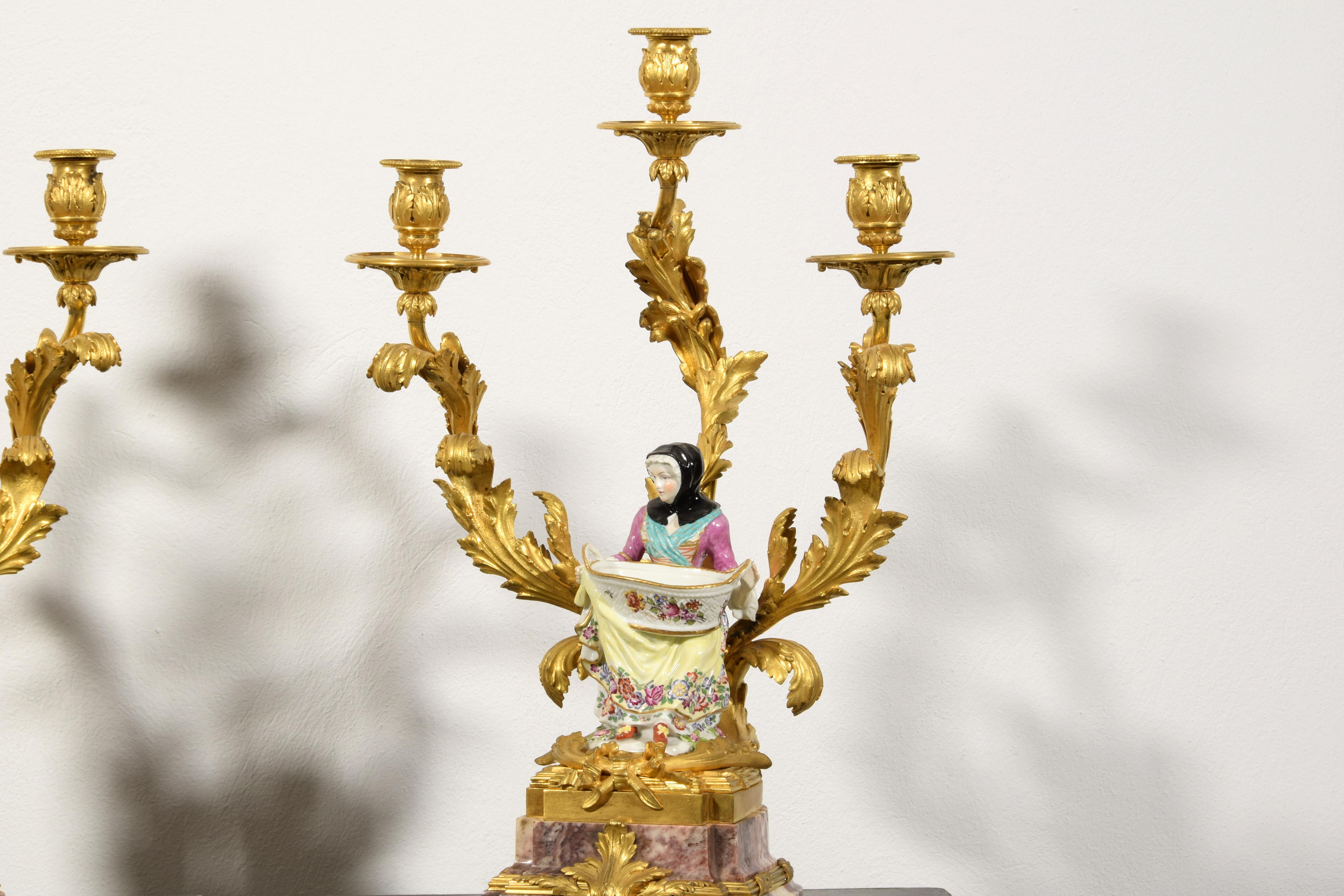19th Century, French Gilt Bronze and Porcelain Candlesticks For Sale 15