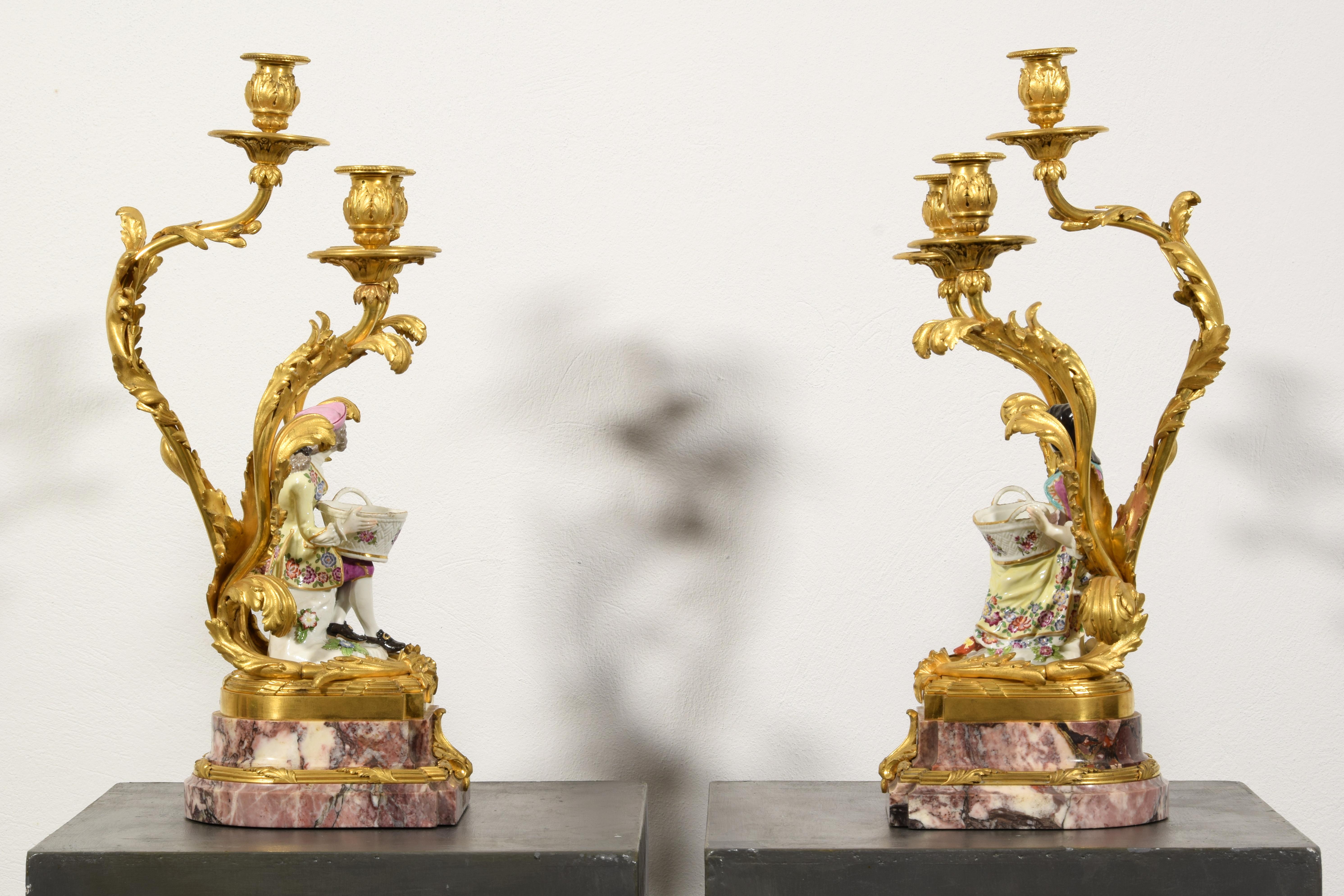 19th Century, French Gilt Bronze and Porcelain Candlesticks For Sale 16