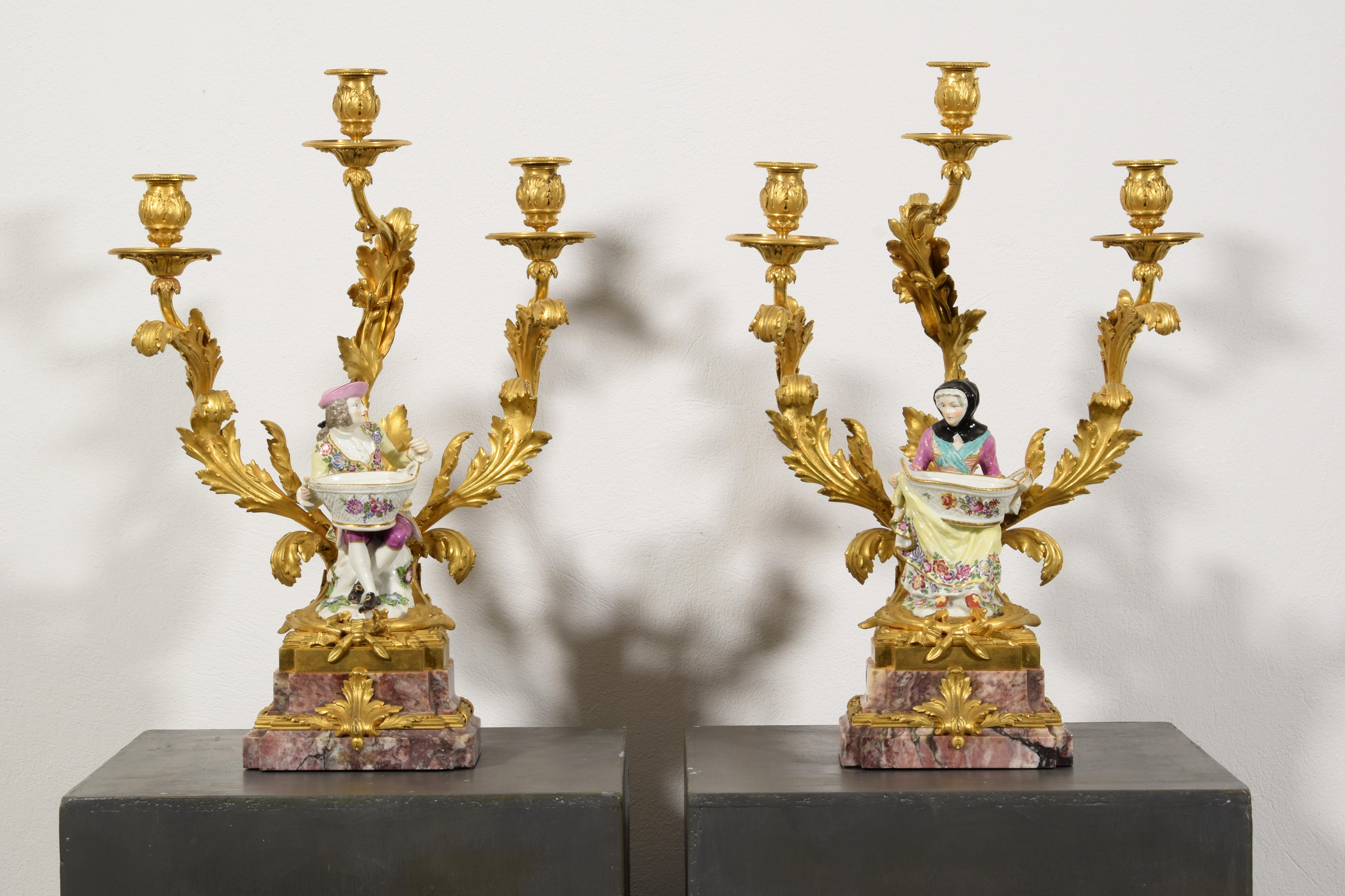 Louis XV 19th Century, French Gilt Bronze and Porcelain Candlesticks For Sale