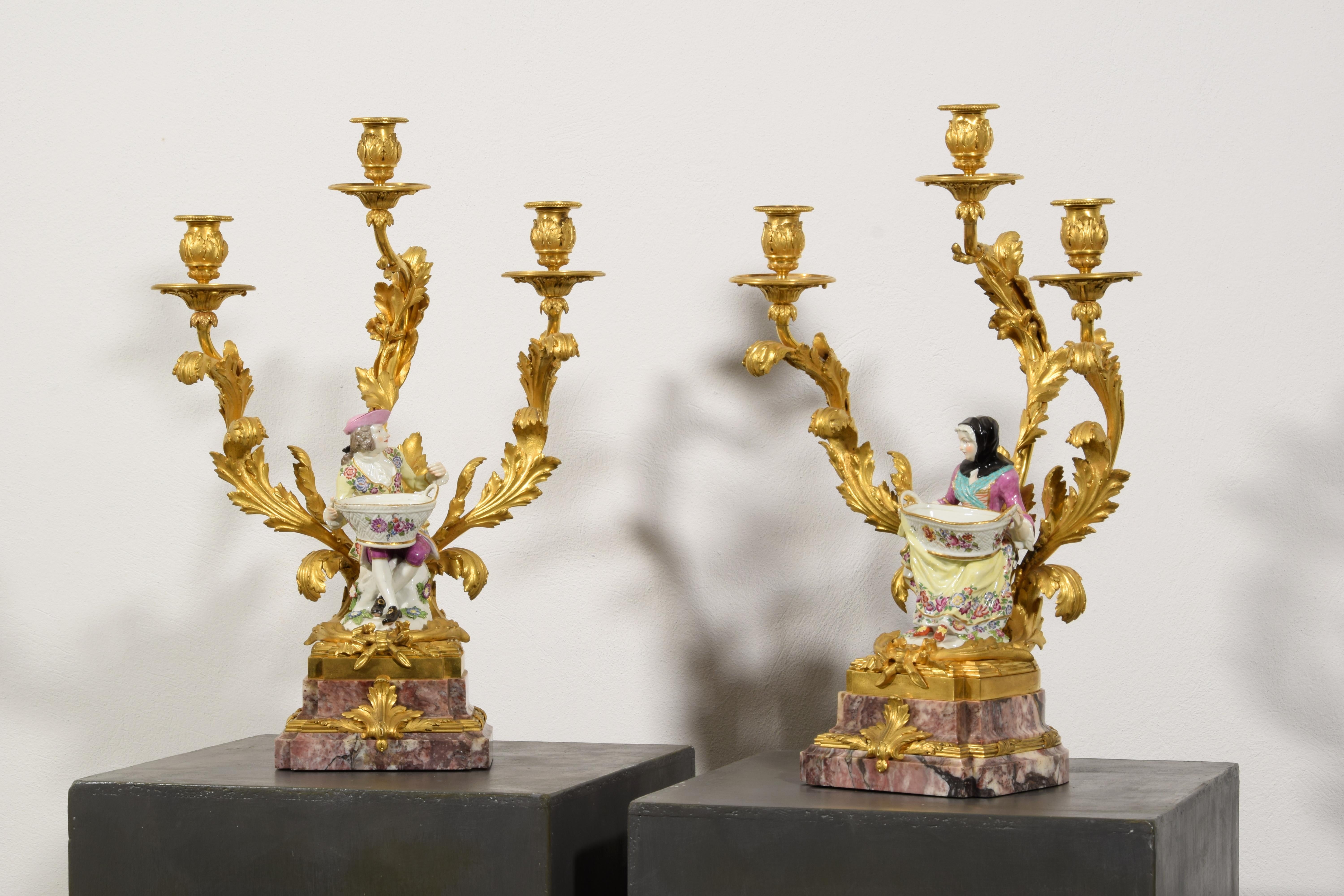 Hand-Painted 19th Century, French Gilt Bronze and Porcelain Candlesticks For Sale