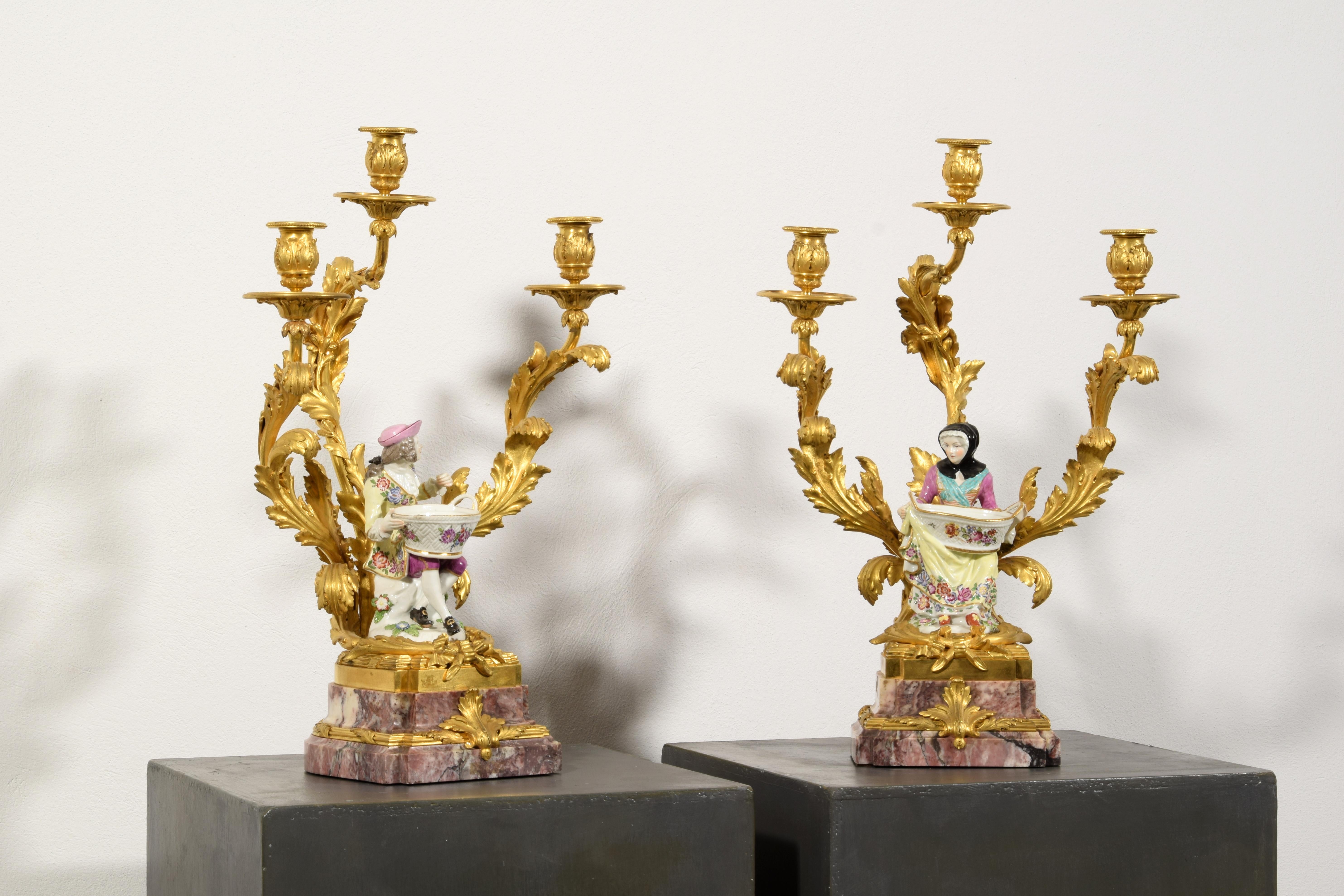 19th Century, French Gilt Bronze and Porcelain Candlesticks For Sale 1