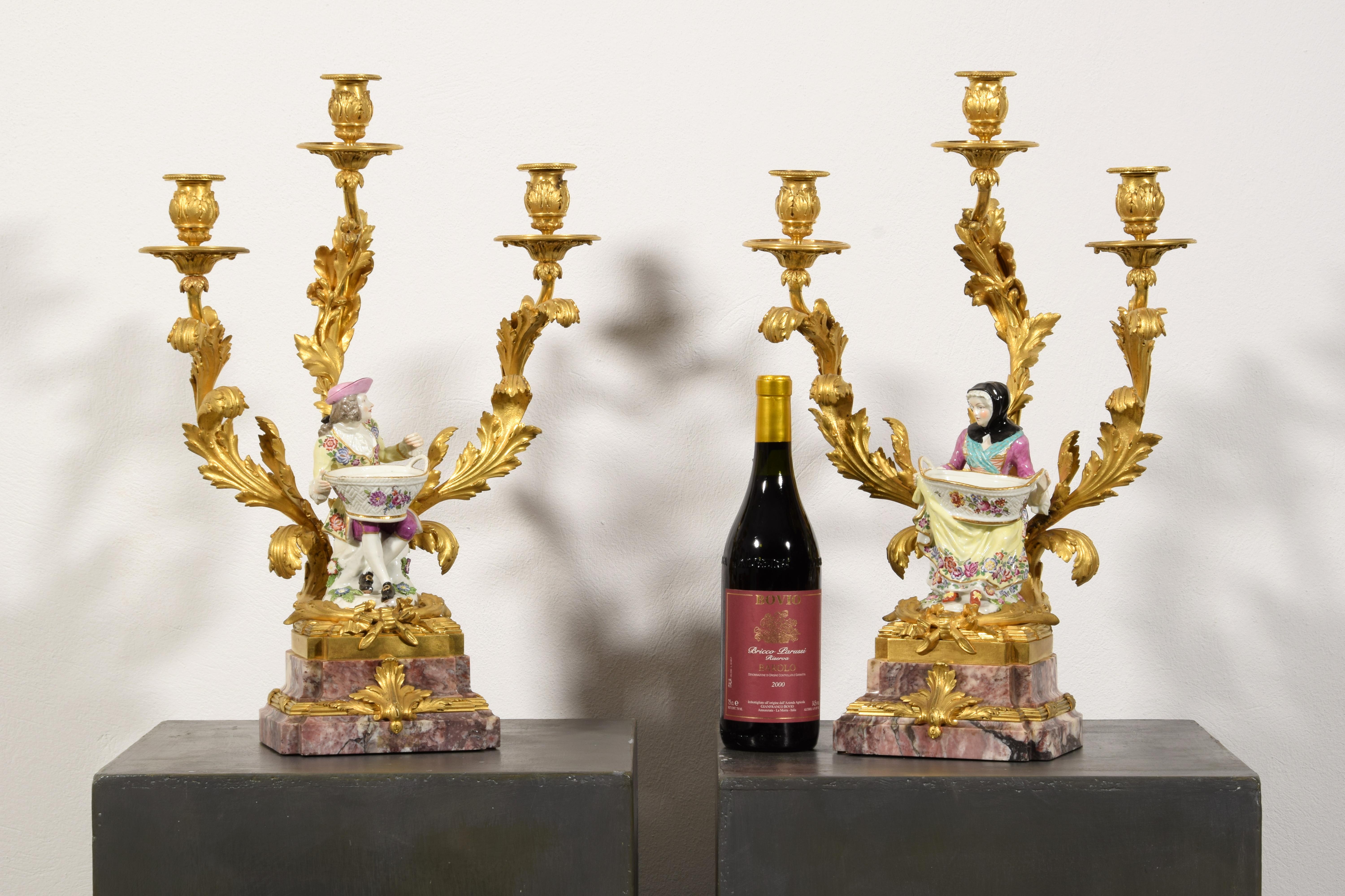 19th Century, French Gilt Bronze and Porcelain Candlesticks For Sale 2