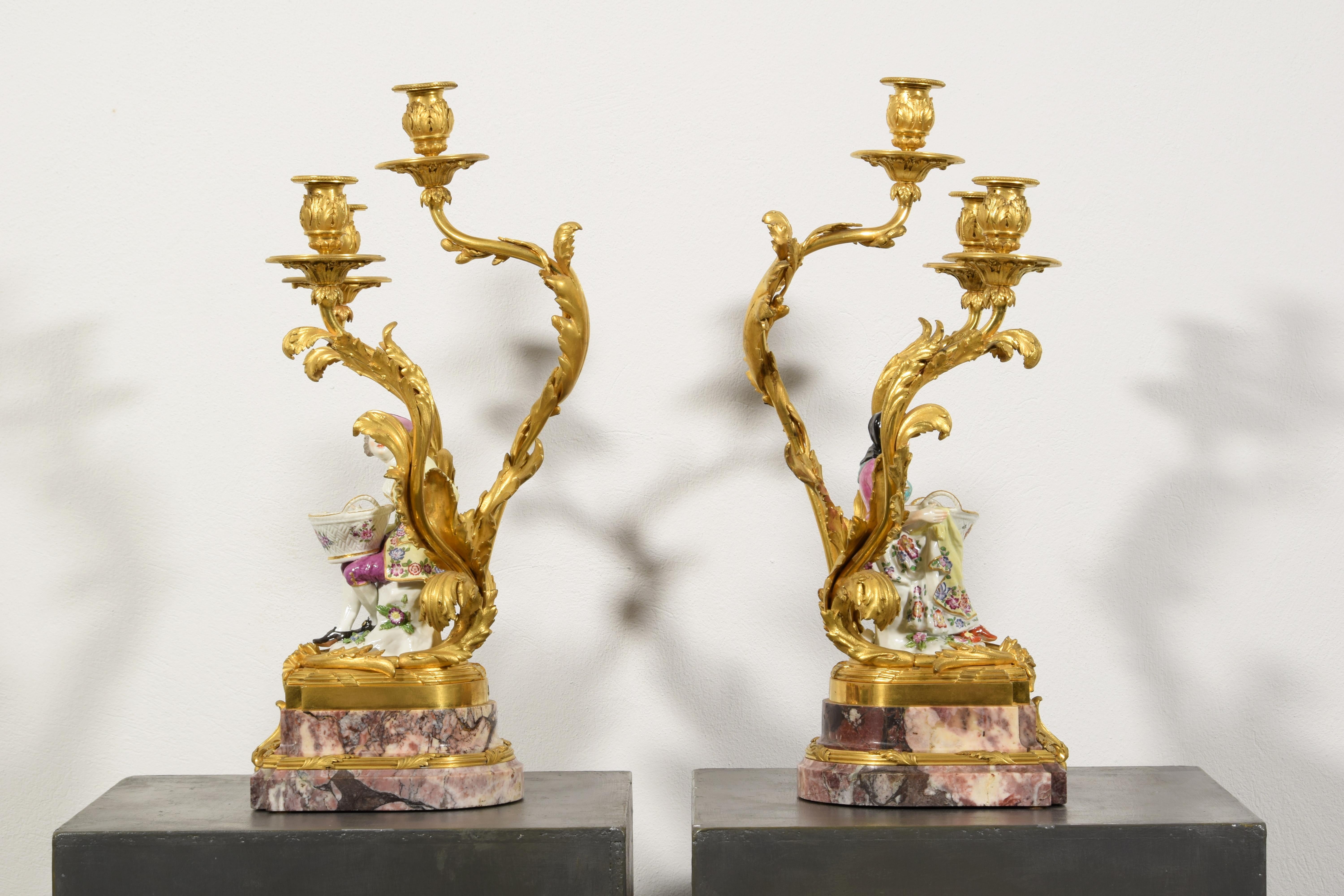 19th Century, French Gilt Bronze and Porcelain Candlesticks For Sale 3