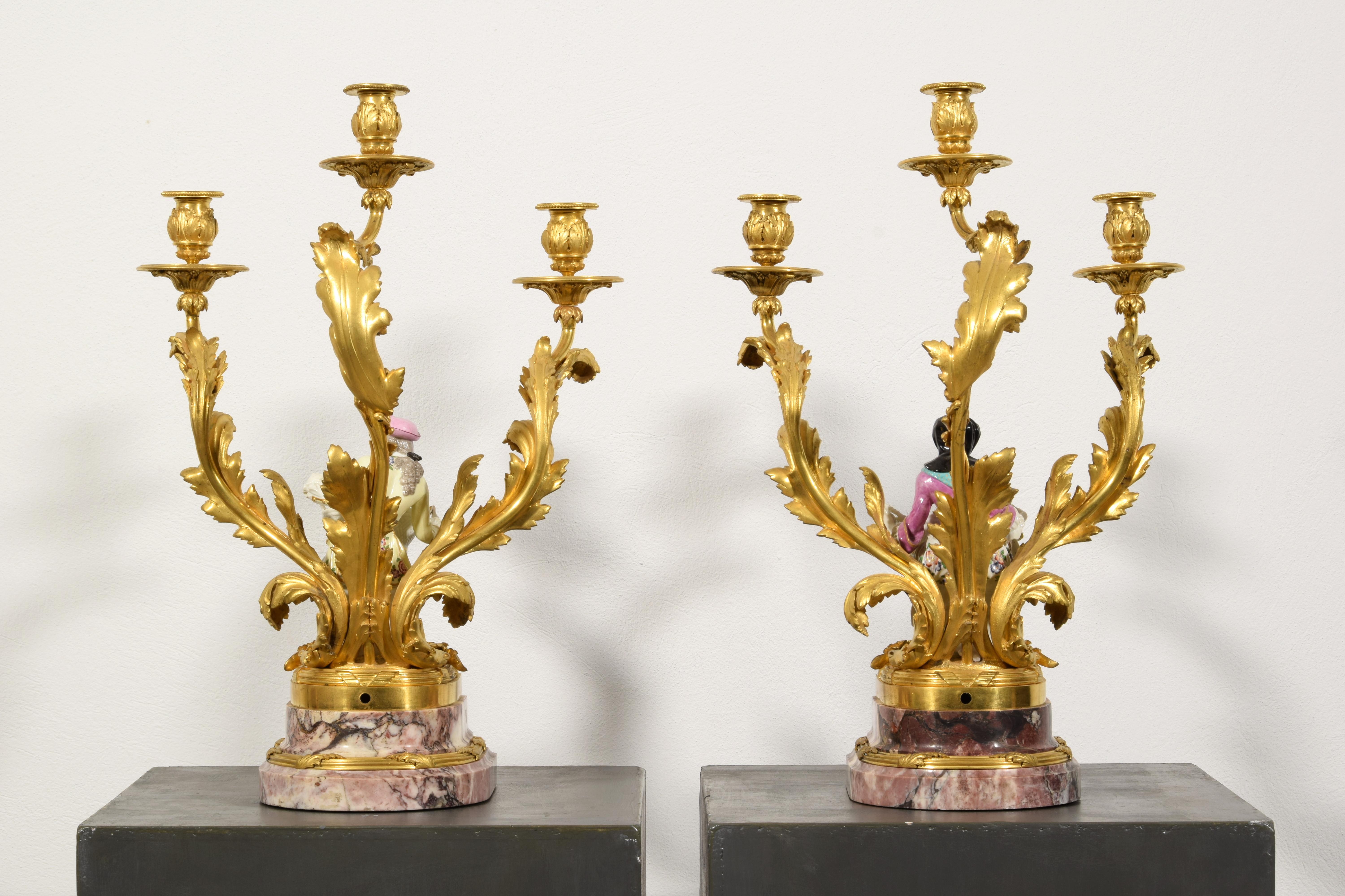 19th Century, French Gilt Bronze and Porcelain Candlesticks For Sale 4