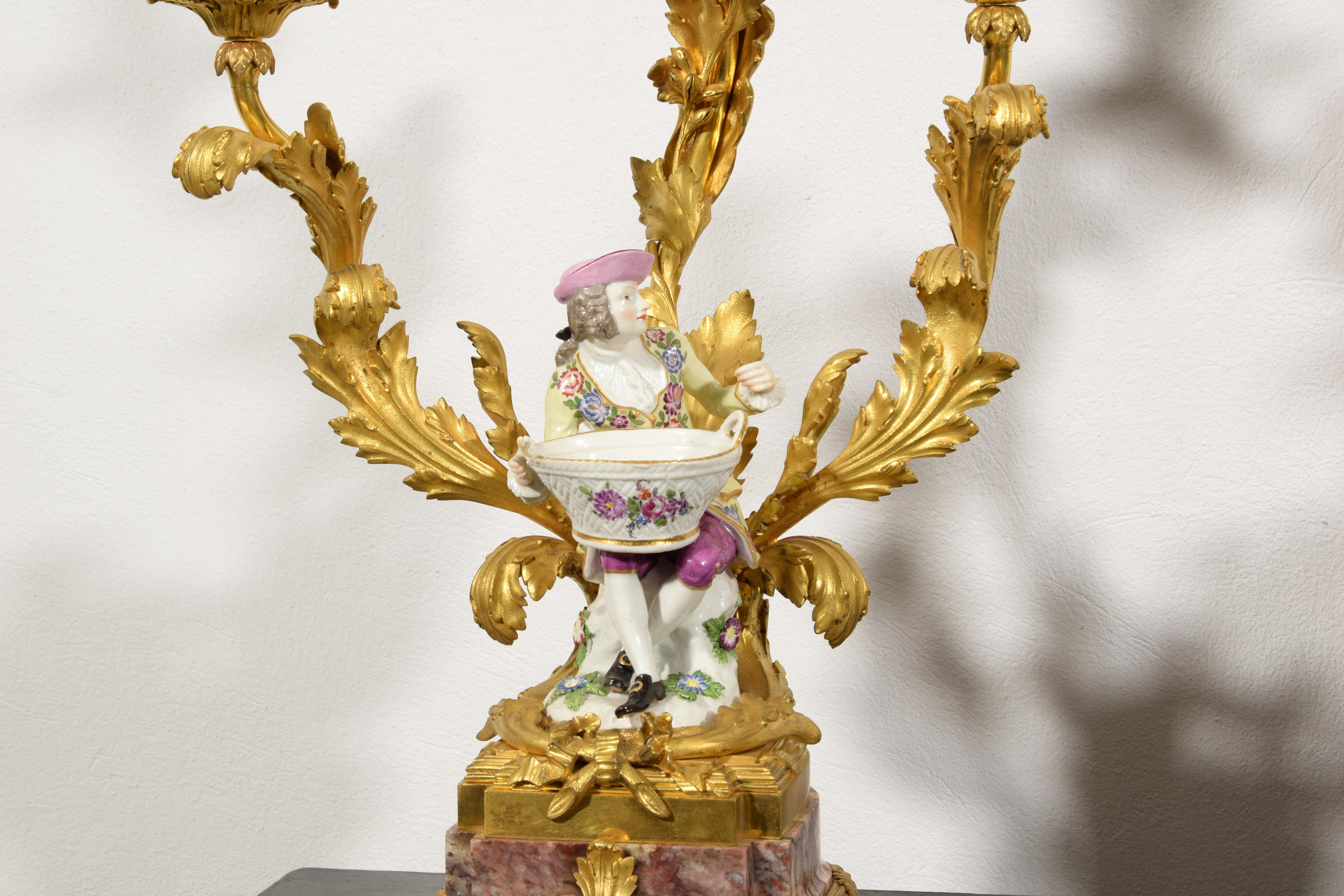 19th Century, French Gilt Bronze and Porcelain Candlesticks For Sale 5