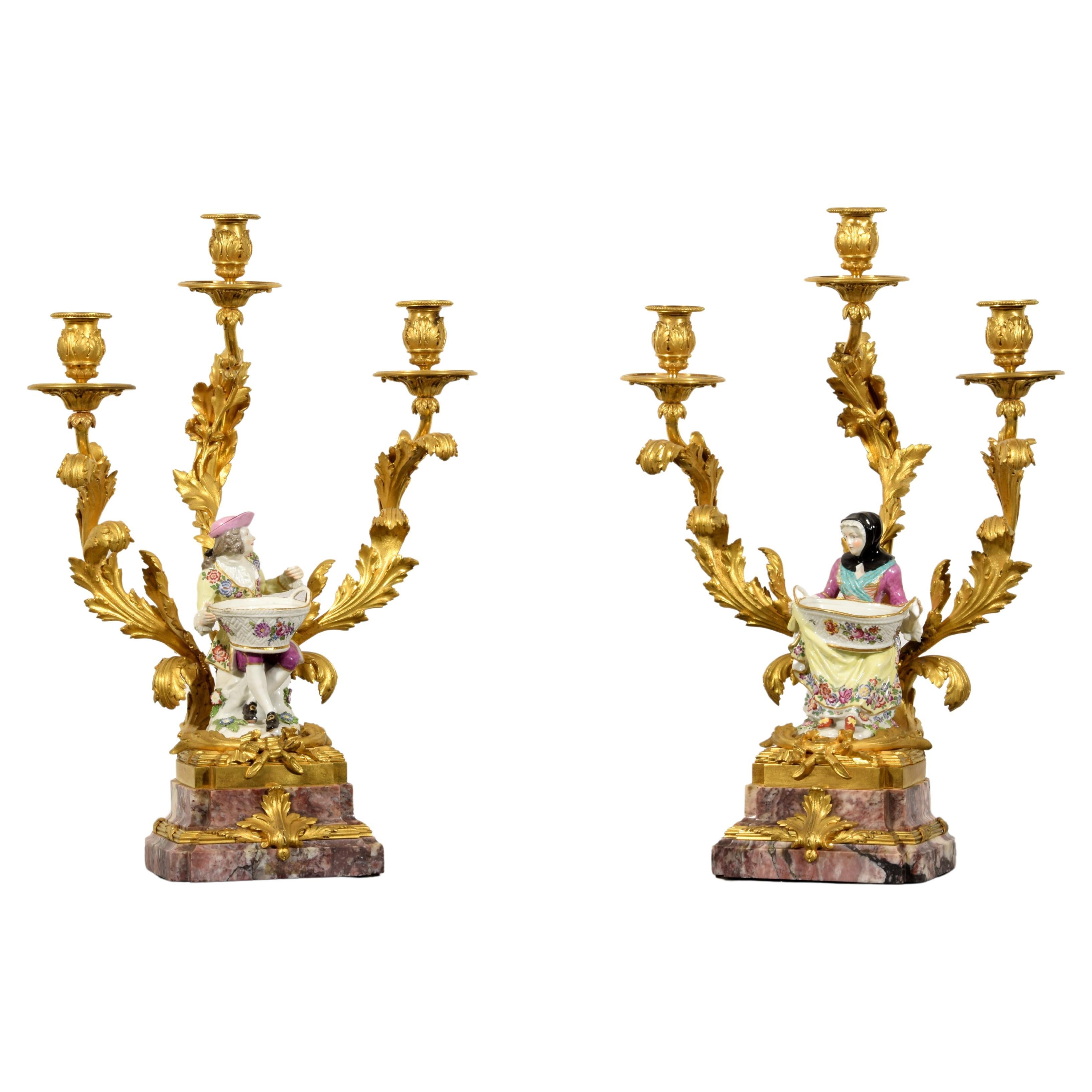 19th Century, French Gilt Bronze and Porcelain Candlesticks For Sale