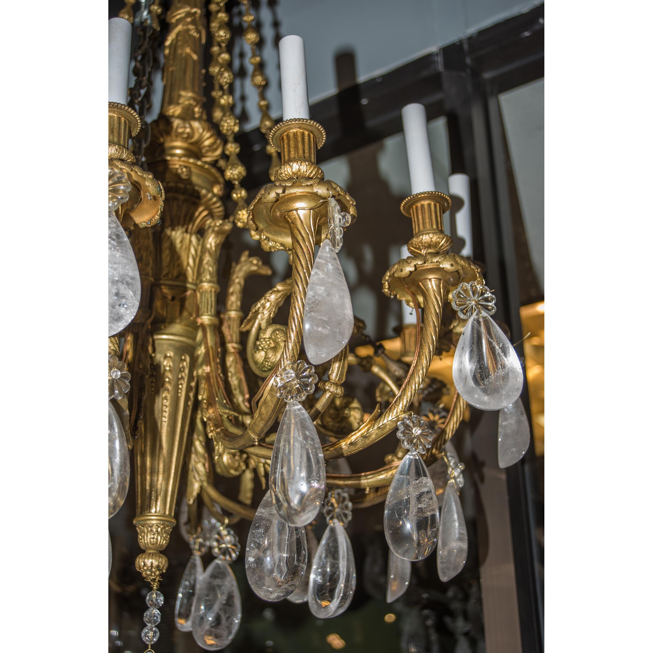 About
A fine quality and elegant French ormolu and rock crystal twelve-light chandelier.

Date: 19th century
Origin: French
Size: 45 x 28 inches.