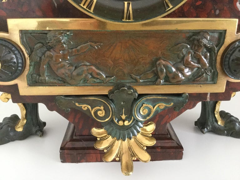 French Gilt Bronze and Rouge Marble Mantel Clock by Charpentier Paris Circa 1880 1